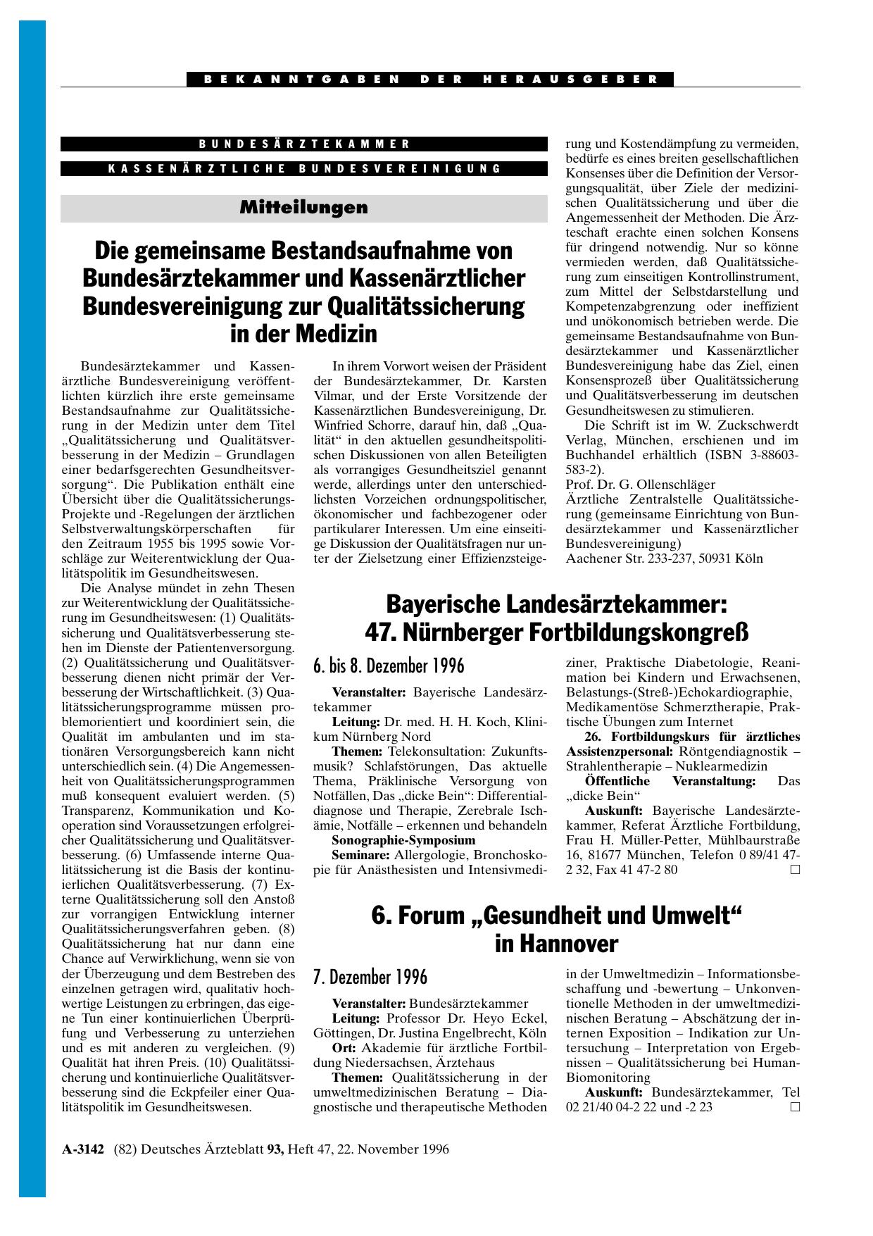 Vorschauseite 1: 6. Forum „Gesundheit und Umwelt“ in Hannover: 7. Dezember 1996