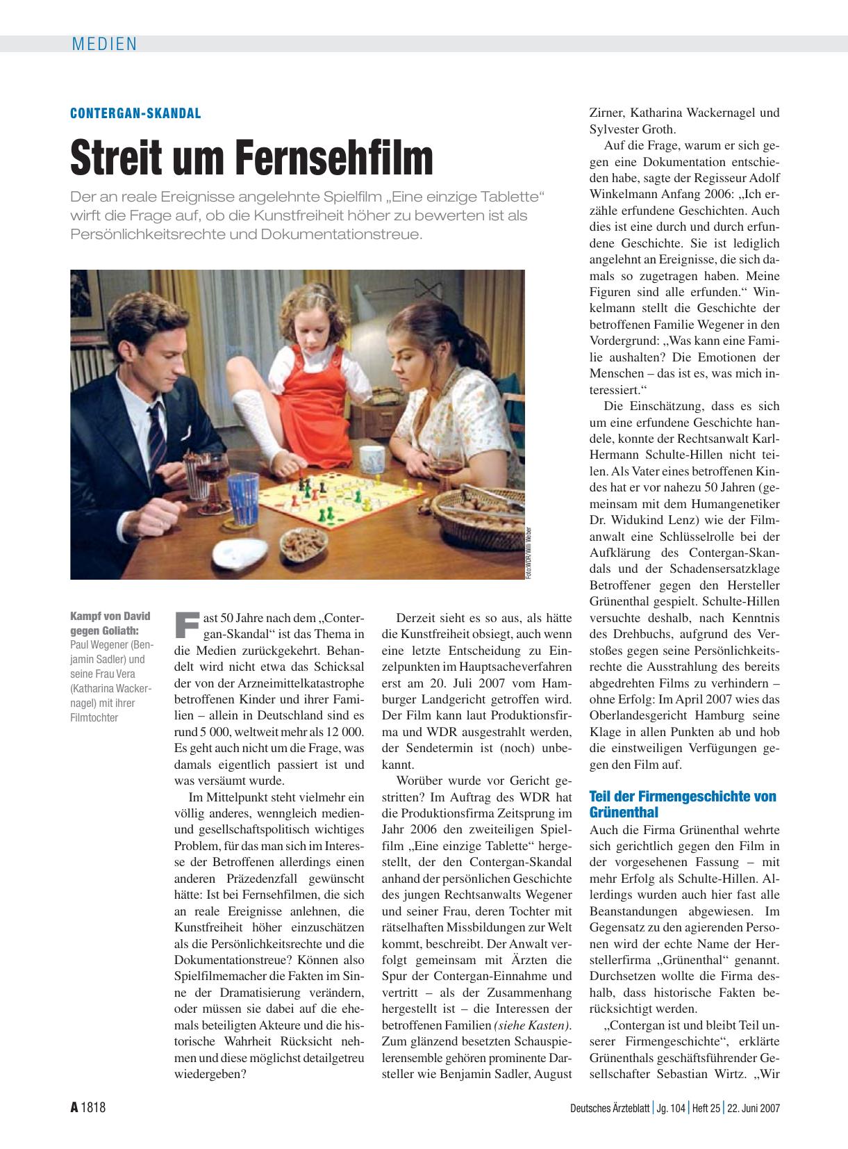 Vorschauseite 1: Contergan-Skandal: Streit um Fernsehfilm