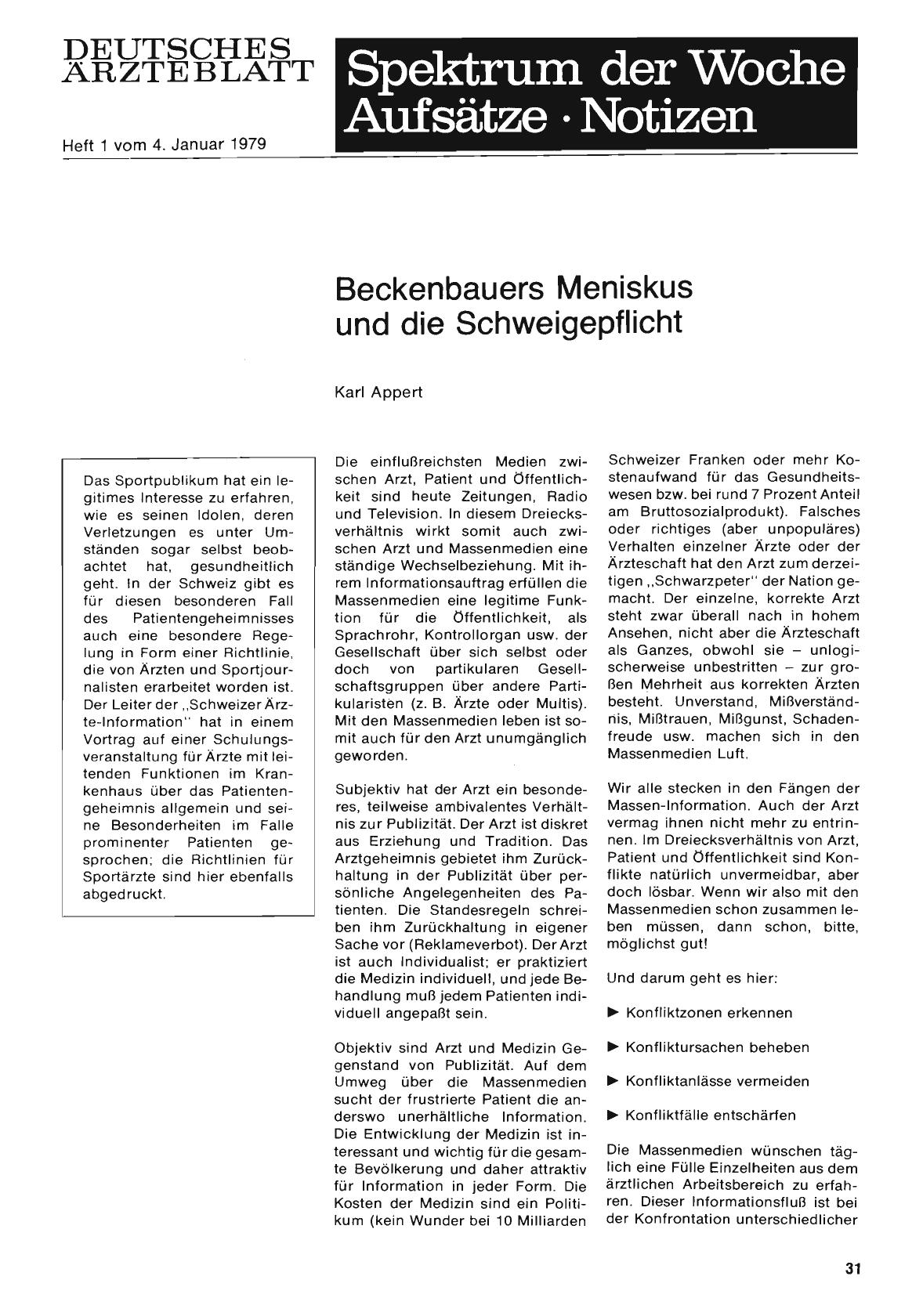 Vorschauseite 1: Beckenbauers Meniskus und die Schweigepflicht
