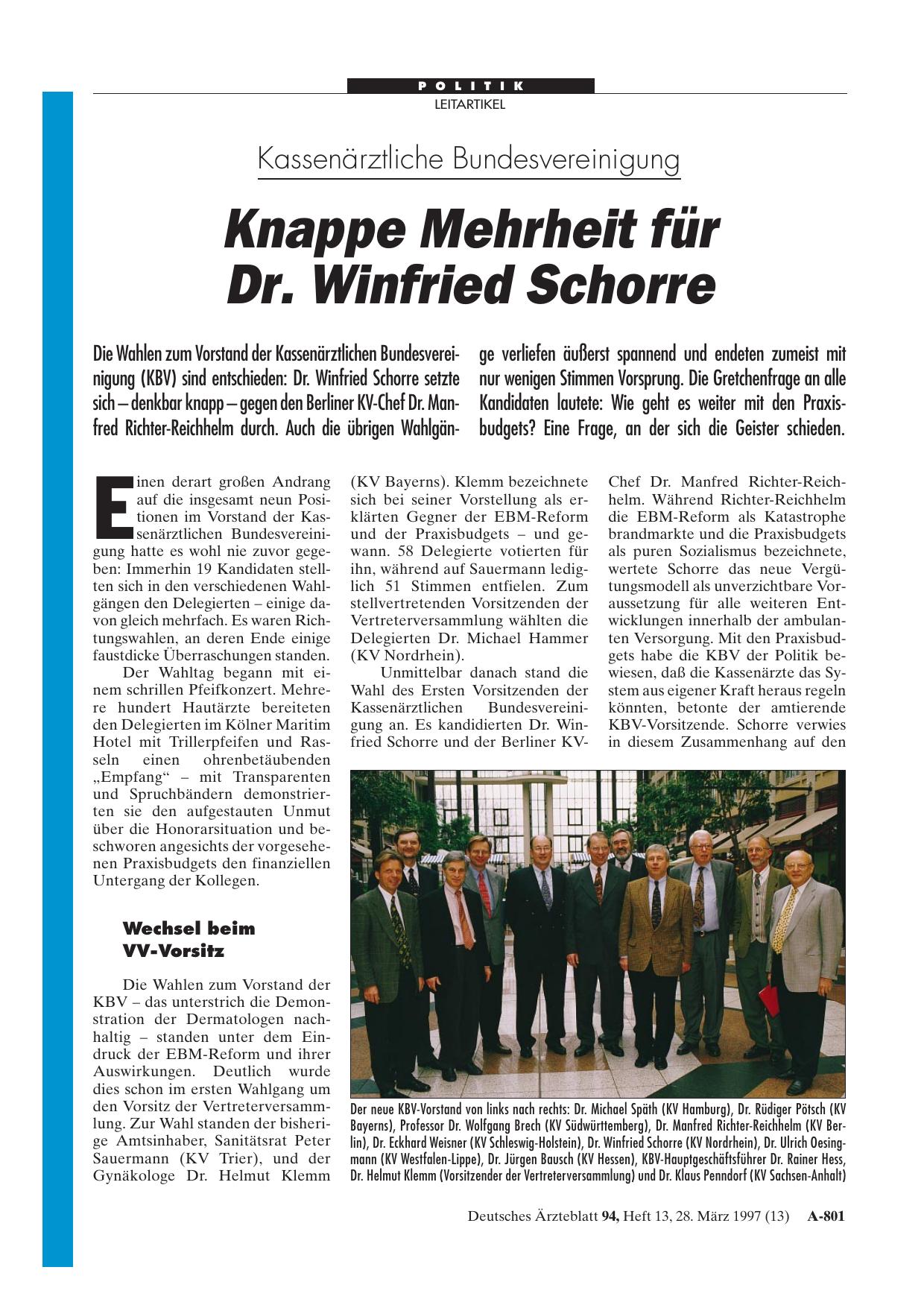 Vorschauseite 1: Kassenärztliche Bundesvereinigung: Knappe Mehrheit für Dr. Winfried Schorre