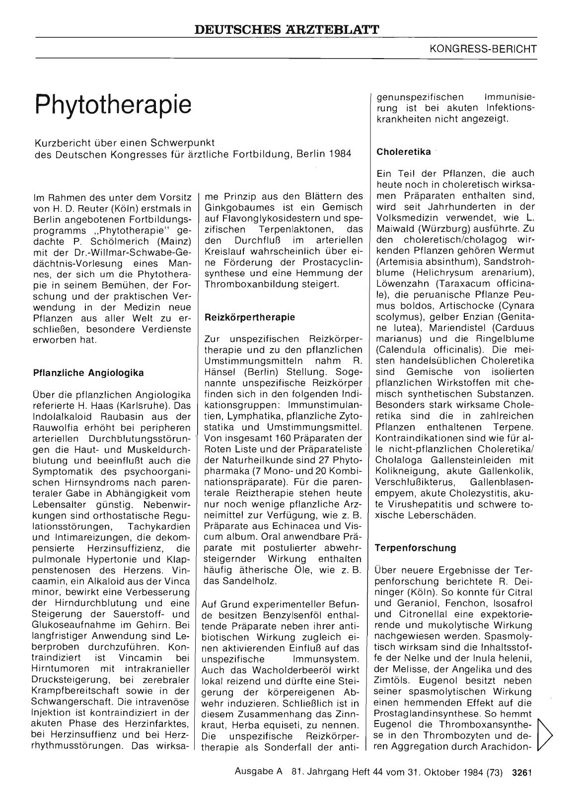 Vorschauseite 1: Phytotherapie: Kurzbericht über einen Schwerpunkt des Deutschen Kongresses für ärztliche Fortbildung, Berlin 1984