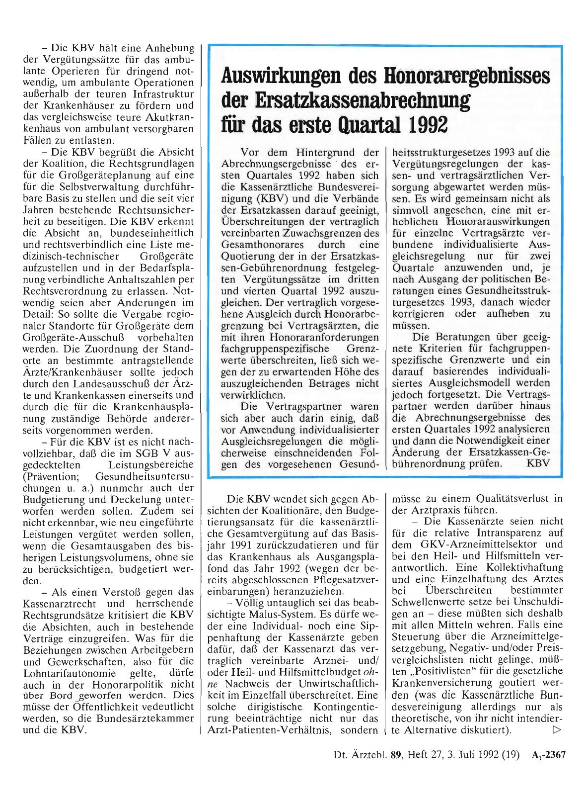 Vorschauseite 1: Auswirkungen des Honorarergebnisses der Ersatzkassenabrechnung für das erste Quartal 1992