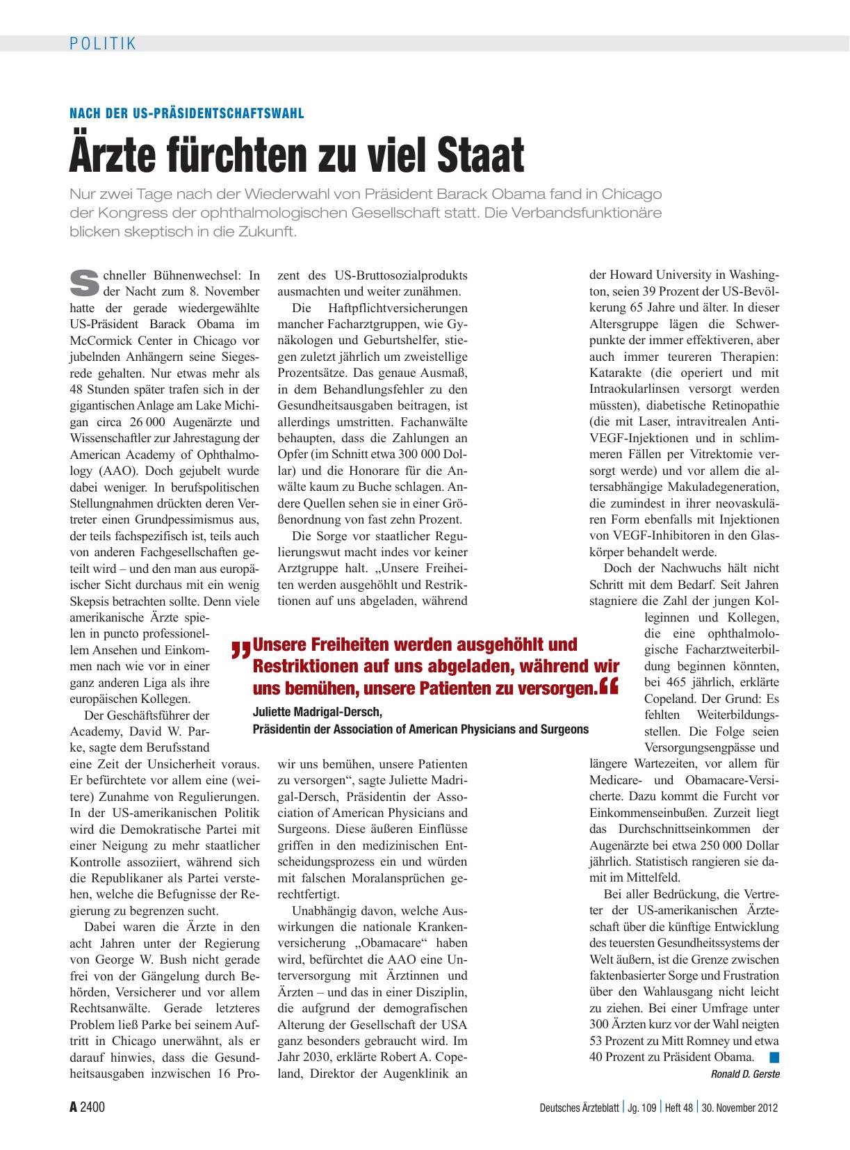 Vorschauseite 1: Nach der US-Präsidentschaftswahl: Ärzte fürchten zu viel Staat