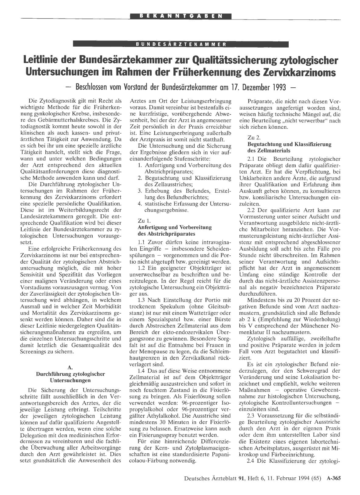 Vorschauseite 1: Leitlinie der Bundesärztekammer zur Qualitätssicherung zytologischer Untersuchungen im Rahmen der Früherkennung des Zervixkarzinoms