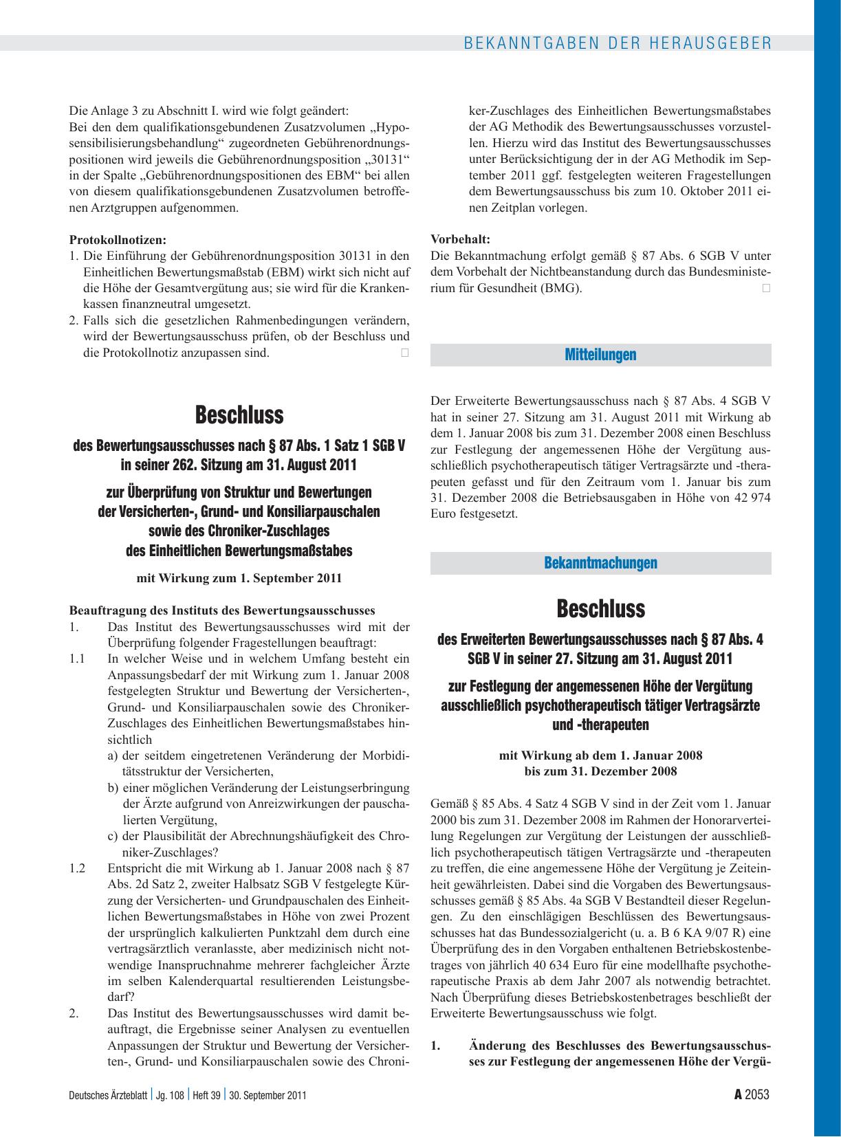 Vorschauseite 1: Beschluss des Erweiterten Bewertungsausschusses nach § 87 Abs. 4 SGB V in seiner 27. Sitzung am 31. August 2011 zur Festlegung der angemessenen Höhe der Vergütung ausschließlich p…