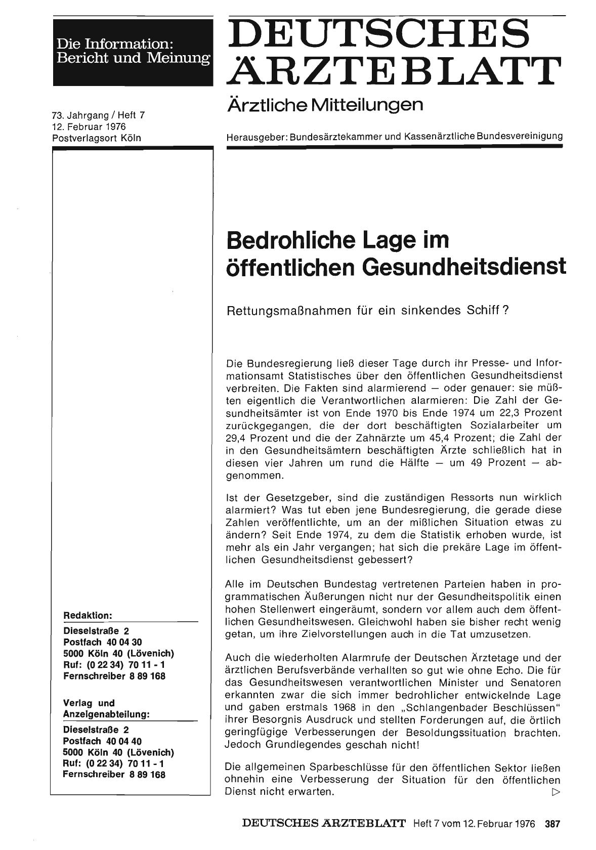 Vorschauseite 1: Bedrohliche Lage im öffentlichen Gesundheitsdienst. Rettungsmaßnahmen für ein sinkendes Schiff?