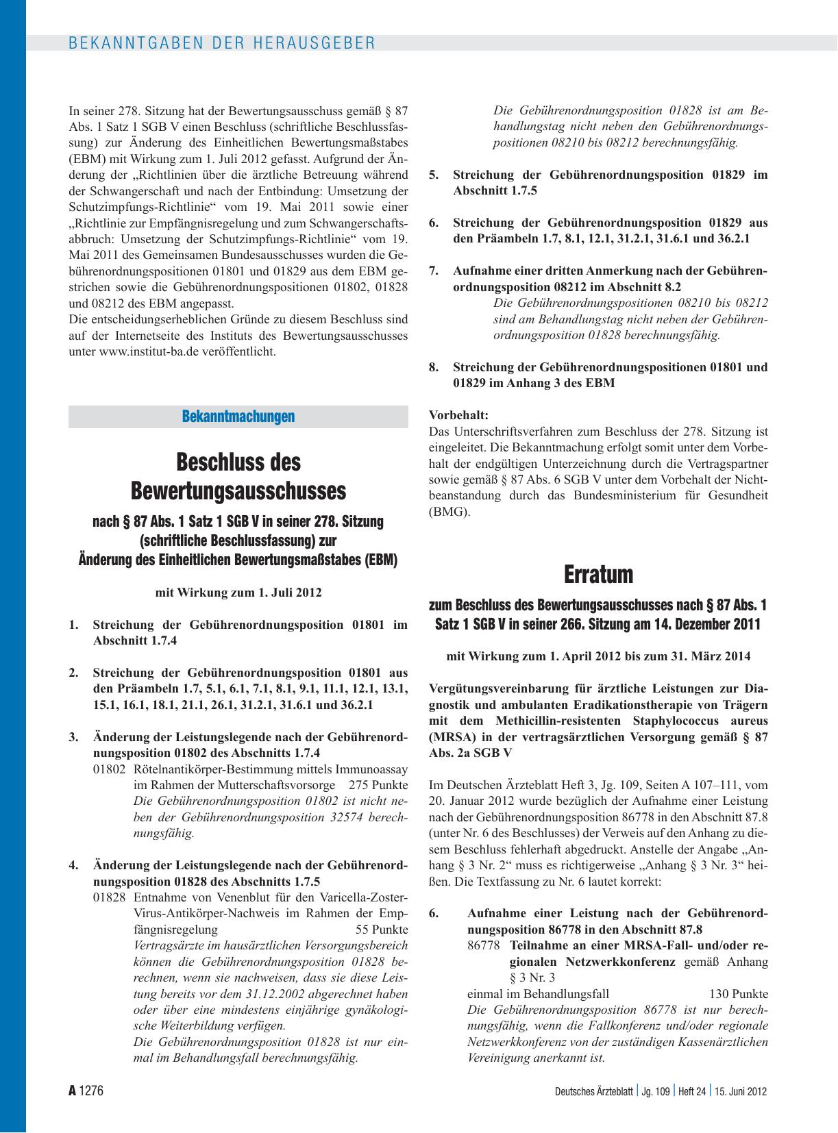Vorschauseite 1: Beschluss des Bewertungsausschusses nach § 87 Abs. 1 Satz 1 SGB V in seiner 278. Sitzung (schriftliche Beschlussfassung) zur Änderung des Einheitlichen Bewertungsmaßstabes (EBM)