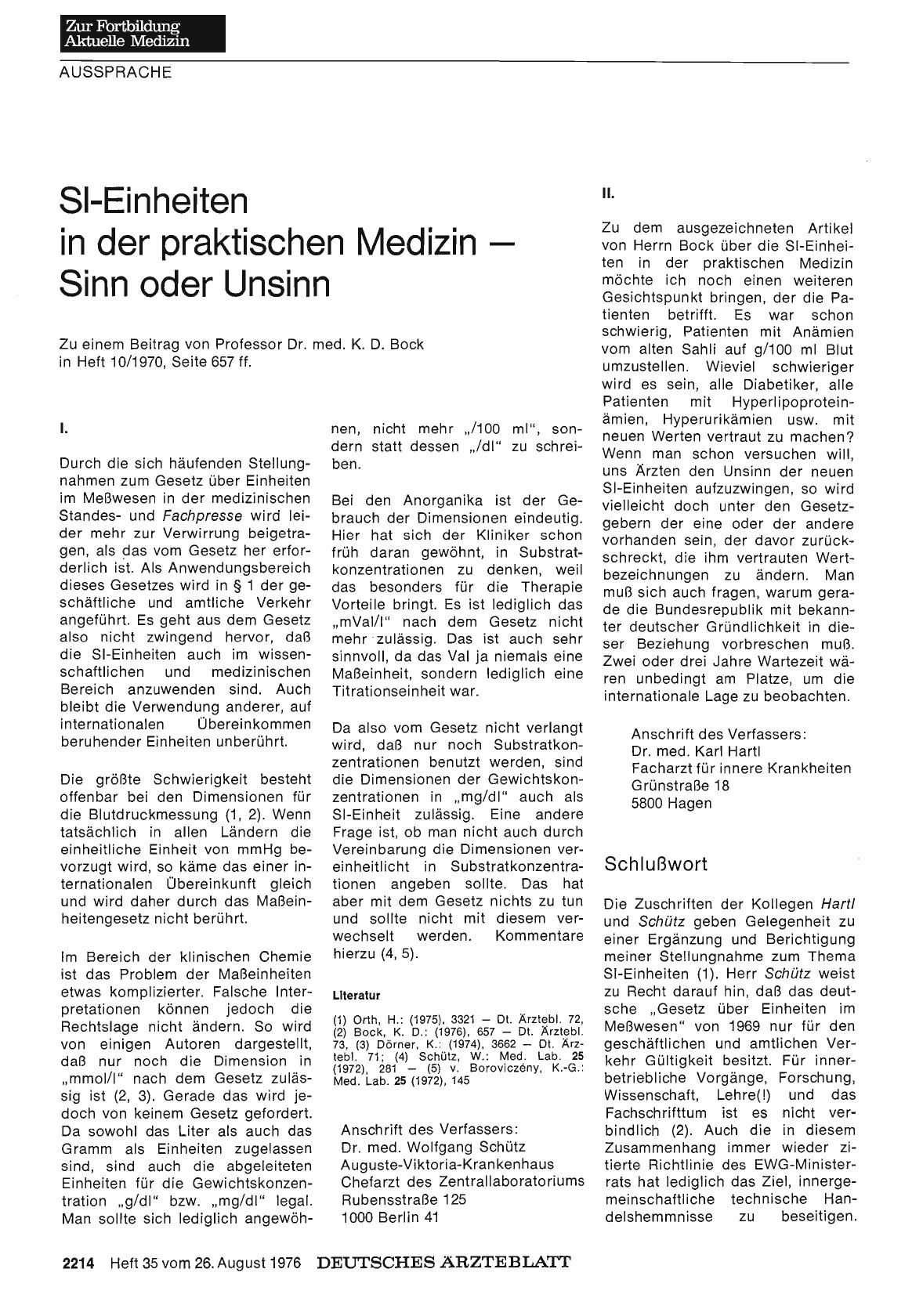Vorschauseite 1: SI-Einheiten in der praktischen Medizin — Sinn oder Unsinn: Schlußwort