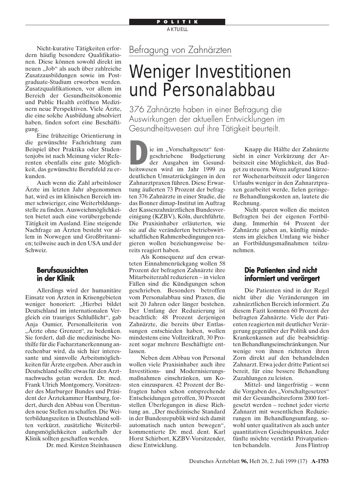 Vorschauseite 1: Befragung von Zahnärzten: Weniger Investitionen und Personalabbau