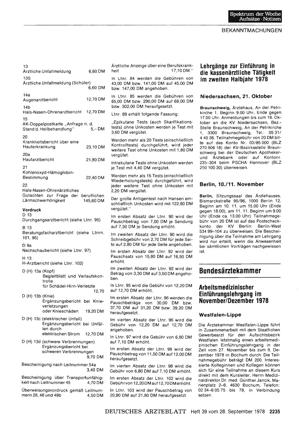 Vorschauseite 1: Bundesärztekammer: Arbeitsmedizinischer Einführungslehrgang im November/Dezember 1978