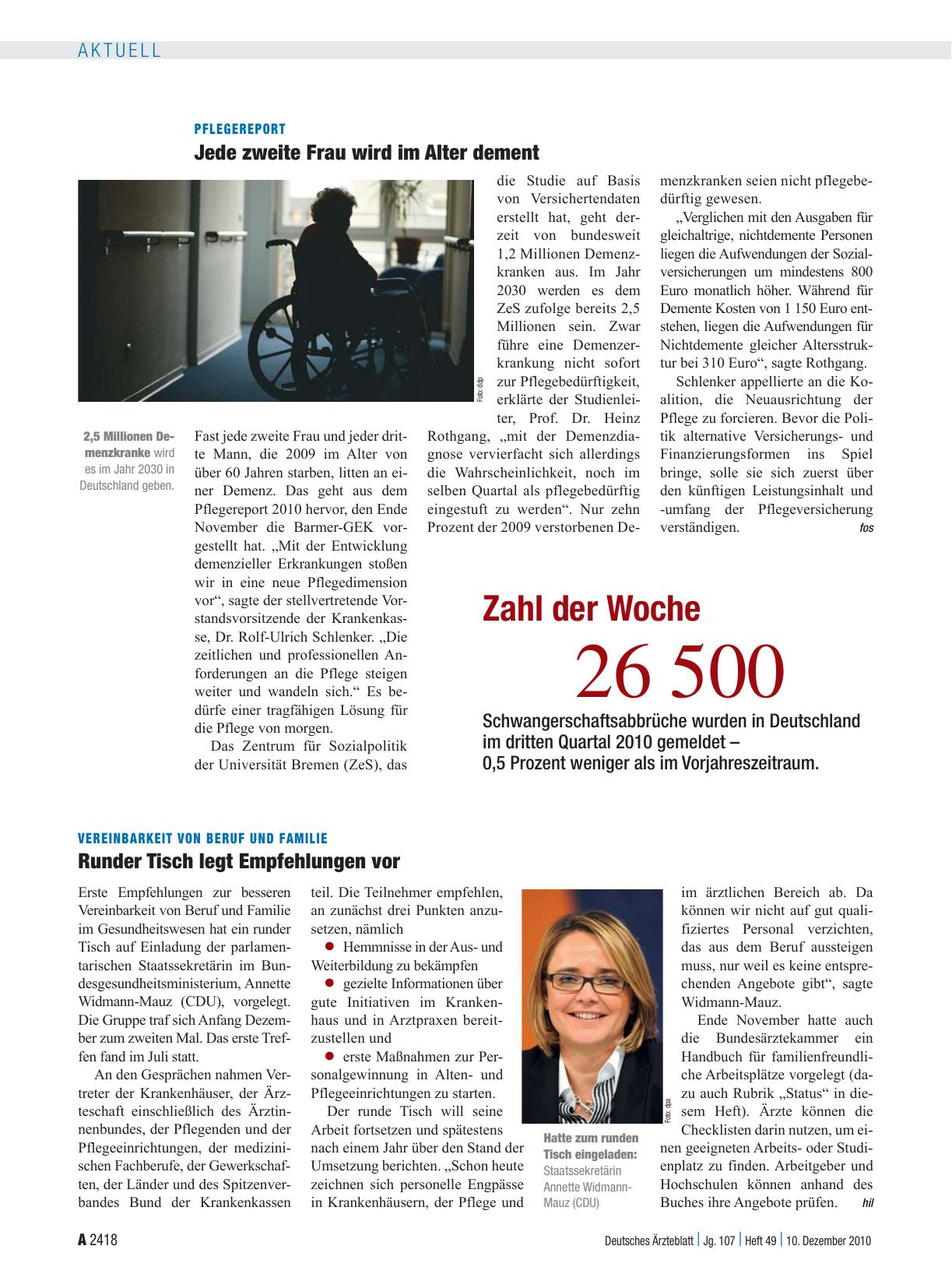 Vorschauseite 1: Pflegereport: Jede zweite Frau wird im Alter dement