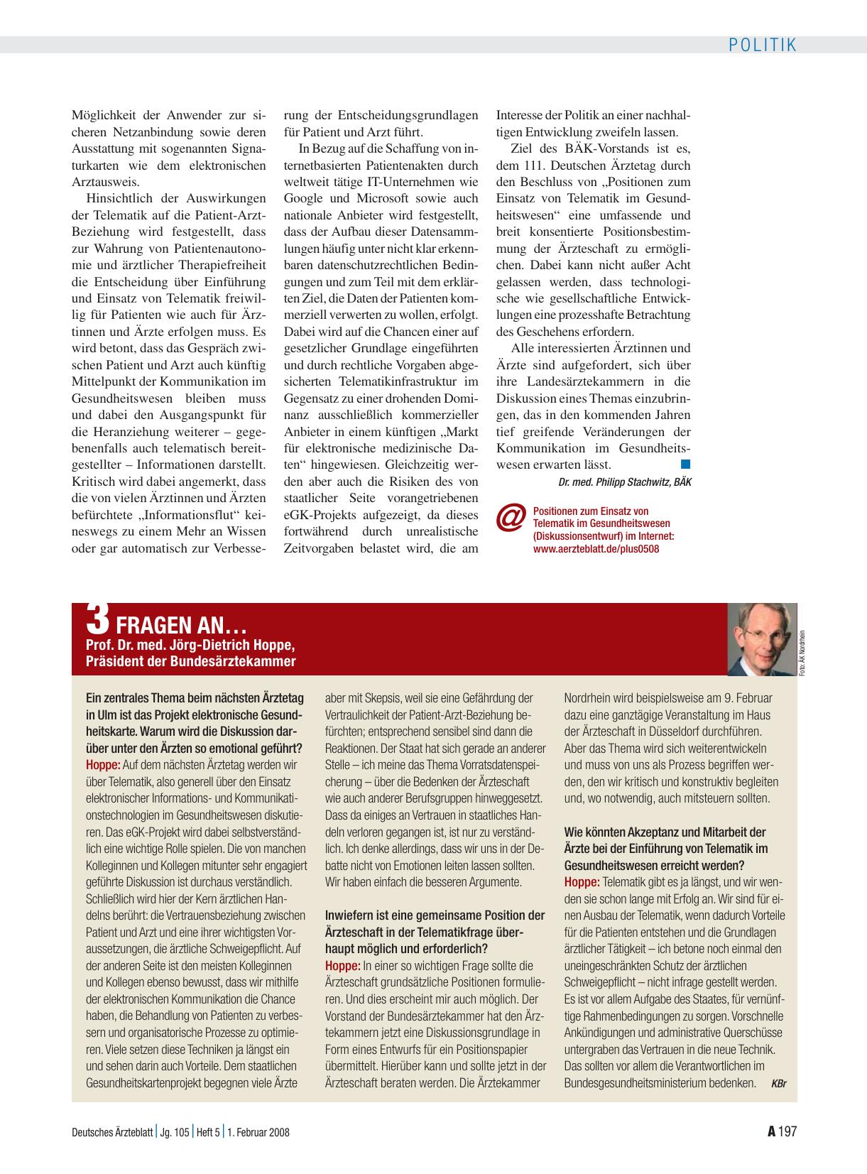 Vorschauseite 1: 3 Fragen an Prof. Dr. med. Jörg-Dietrich Hoppe, Präsident der Bundesärztekammer