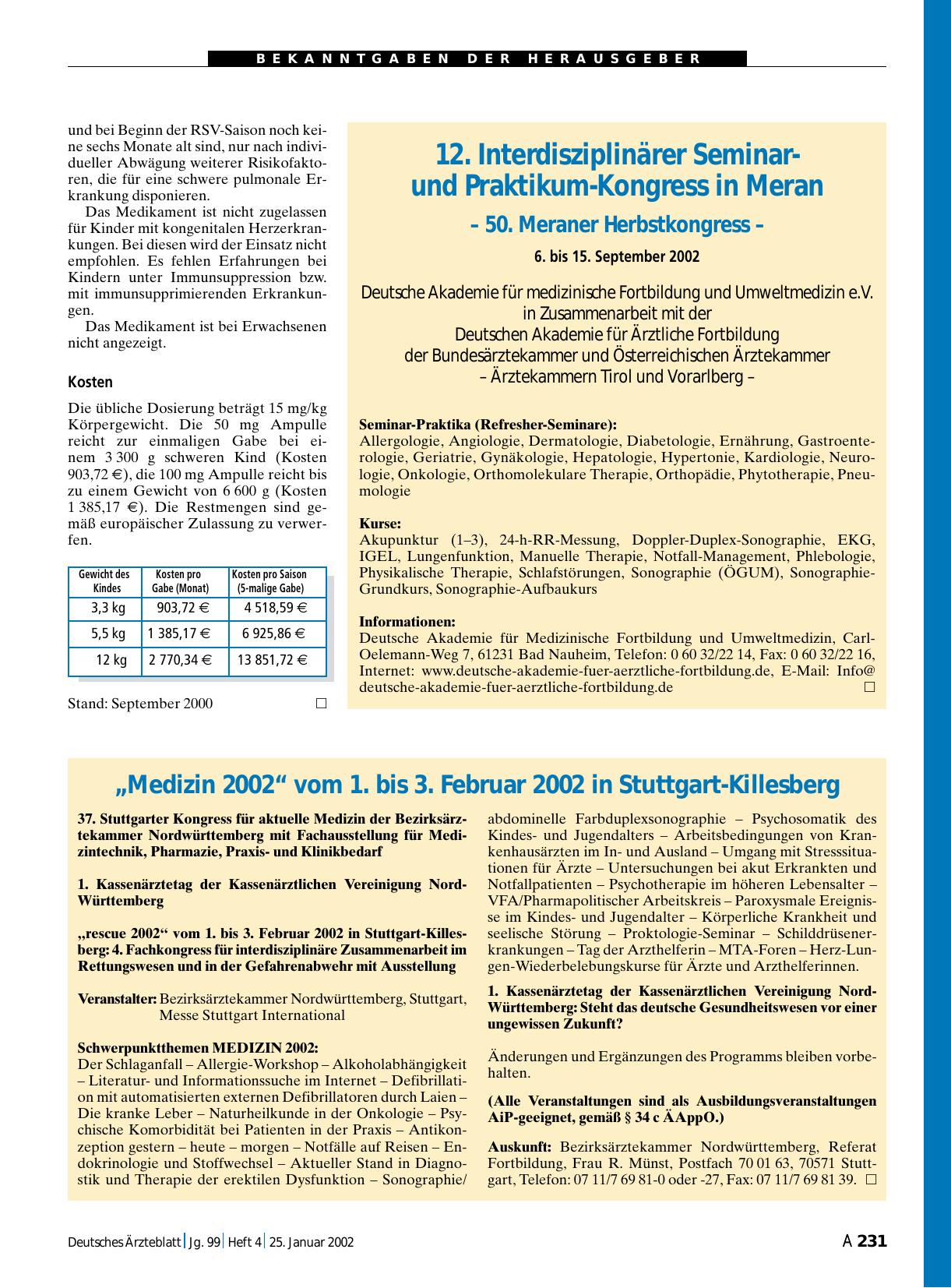 Vorschauseite 1: „Medizin 2002“ vom 1. bis 3. Februar 2002 in Stuttgart-Killesberg