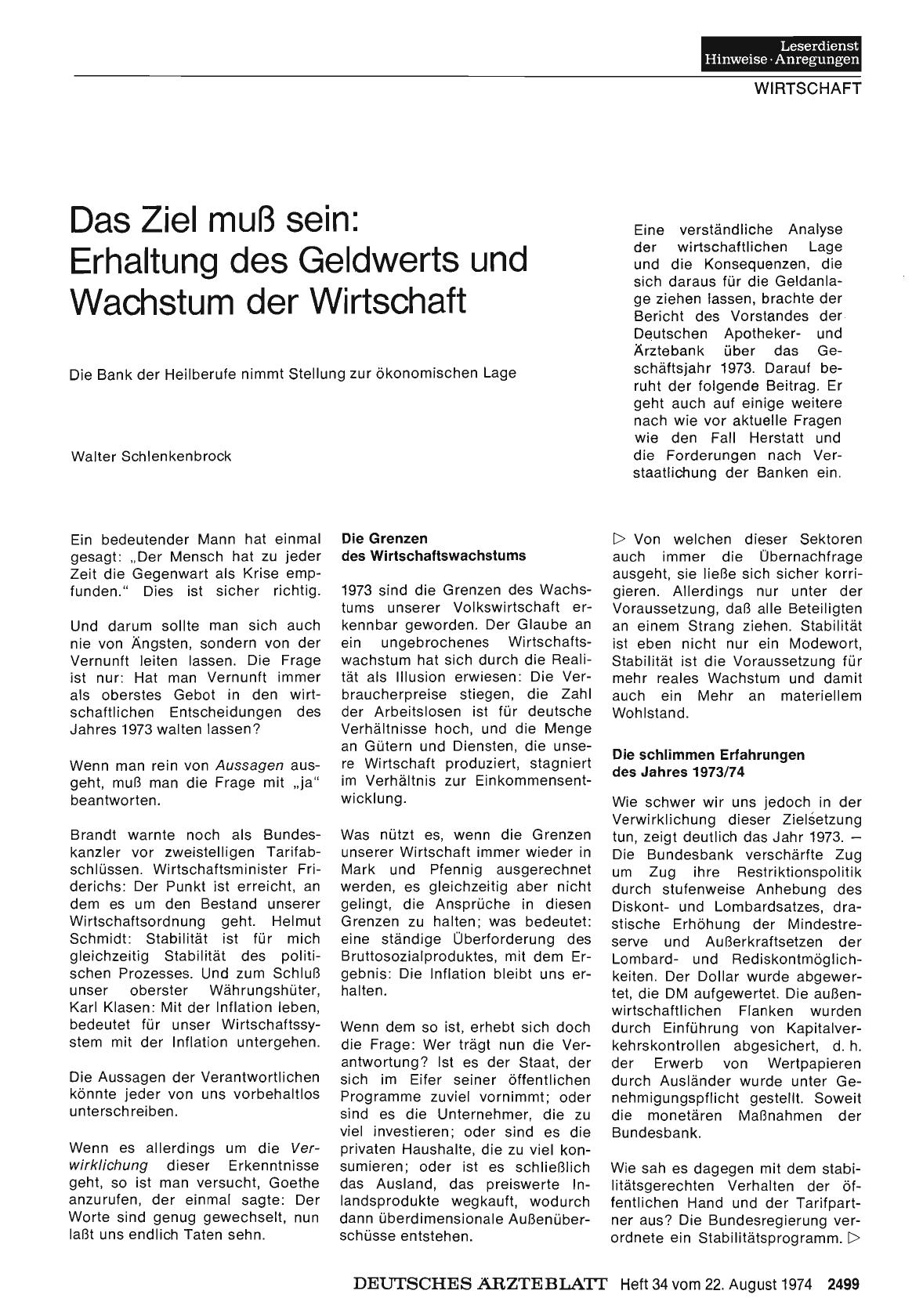 Vorschauseite 1: Das Ziel muß sein: Erhaltung des Geldwerts und Wachstum der Wirtschaft