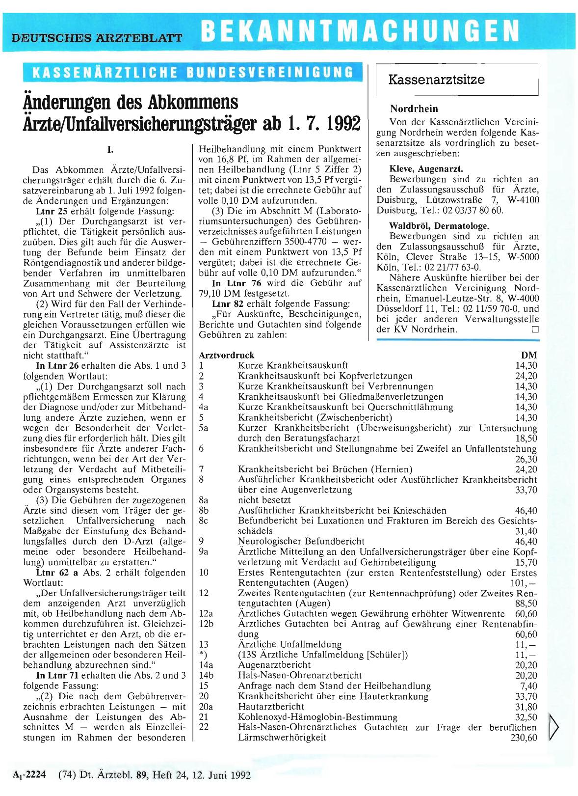 Vorschauseite 1: Änderungen des Abkommens Ärzte/Unfallversicherungsträger ab 1. 7. 1992