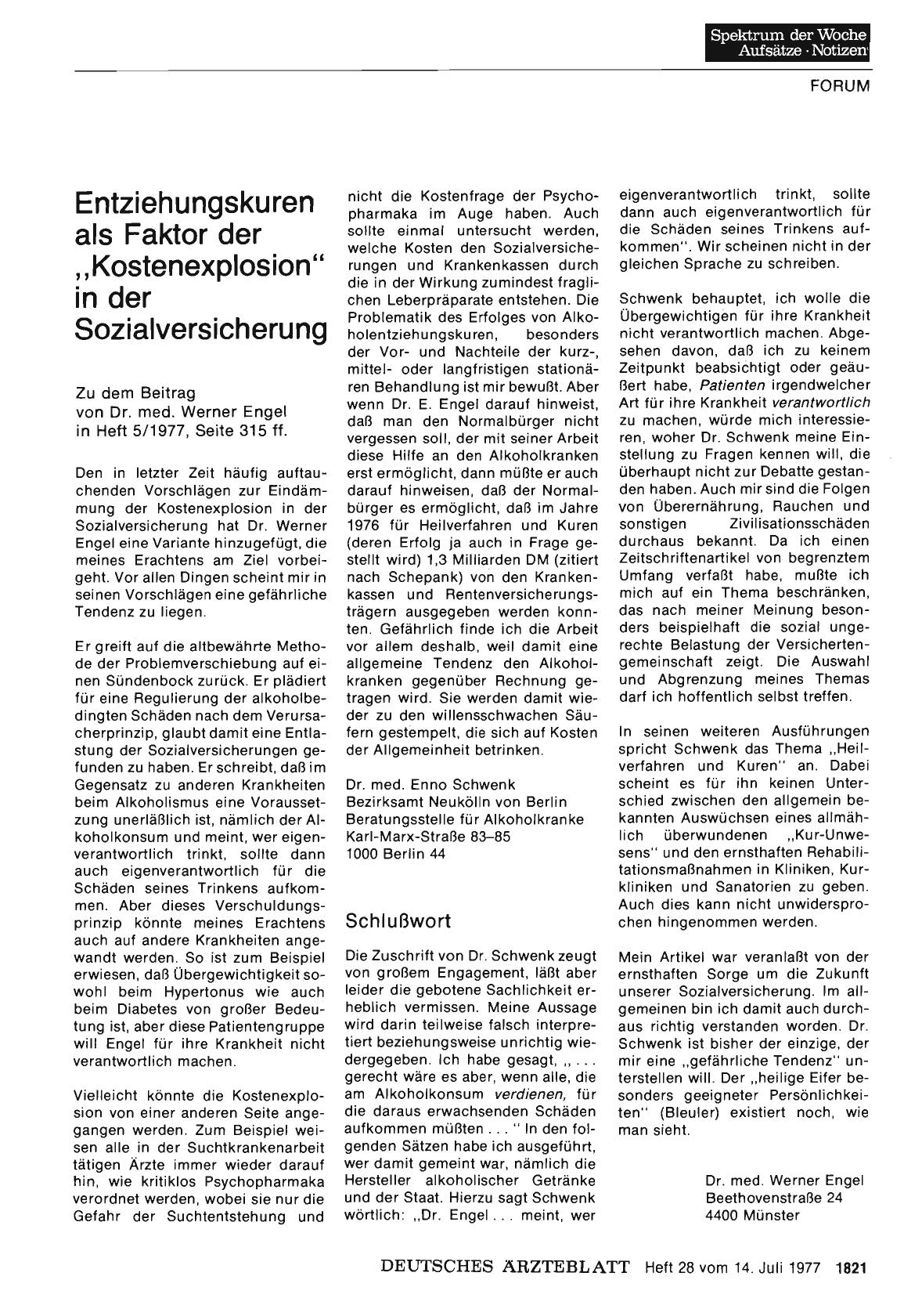 Vorschauseite 1: Entziehungskuren als Faktor der „Kostenexplosion“ in der Sozialversicherung: Schlußwort