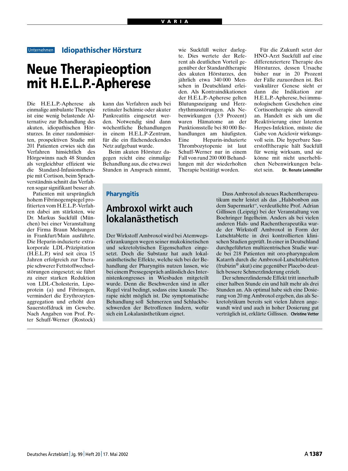 Vorschauseite 1: Pharyngitis: Ambroxol wirkt auch lokalanästhetisch