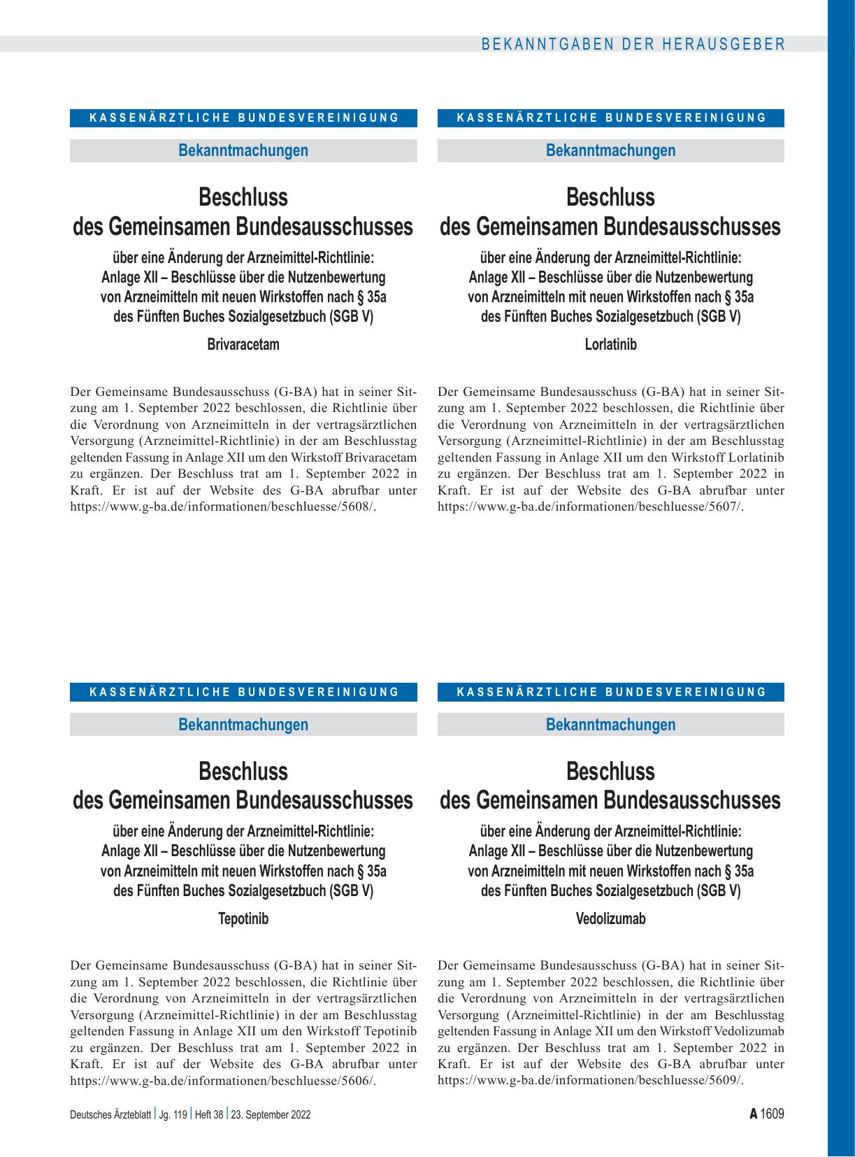 Vorschauseite 1: Beschluss des Gemeinsamen Bundesausschusses über eine Änderung der Arzneimittel-Richtlinie: Anlage XII – Lorlatinib