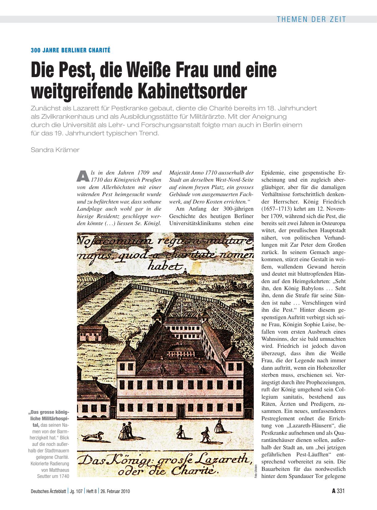 Vorschauseite 1: 300 Jahre Berliner Charité: Die Pest, die Weiße Frau und eine weitgreifende Kabinettsorder