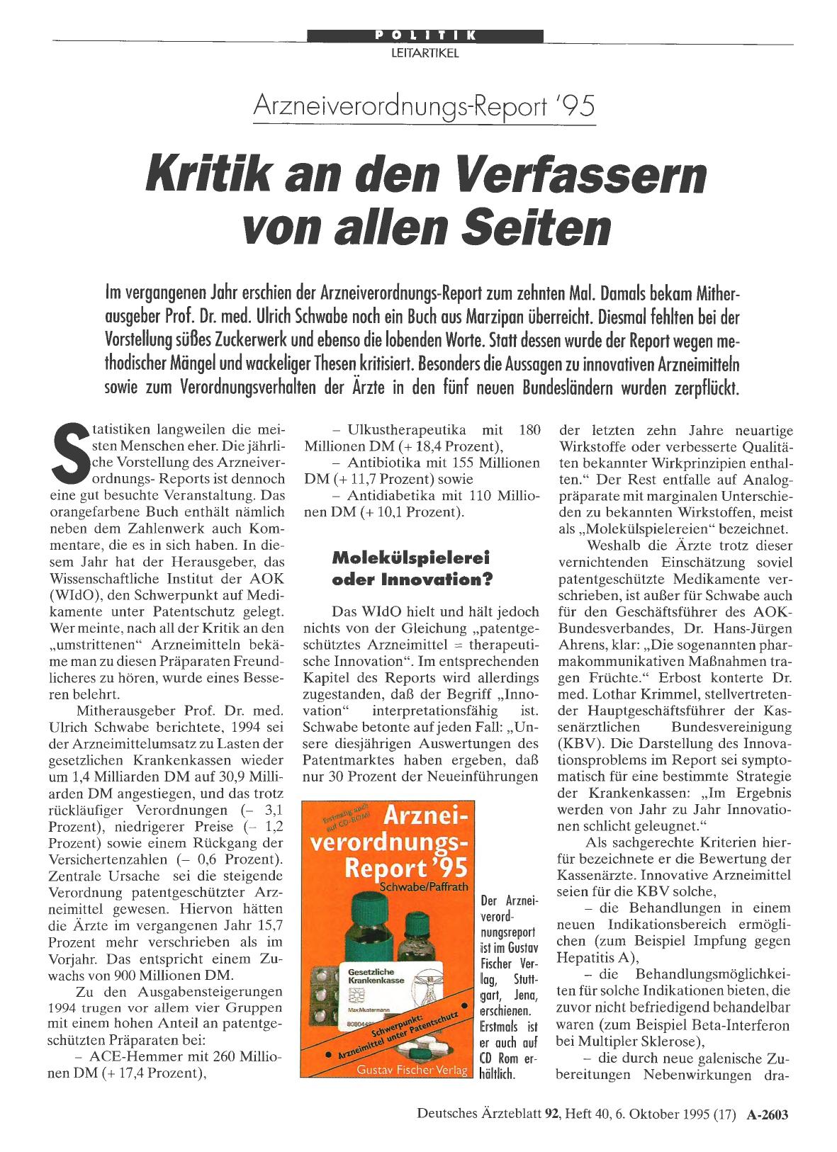 Vorschauseite 1: Arzneiverordnungs-Report '95: Kritik an den Verfassern von allen Seiten