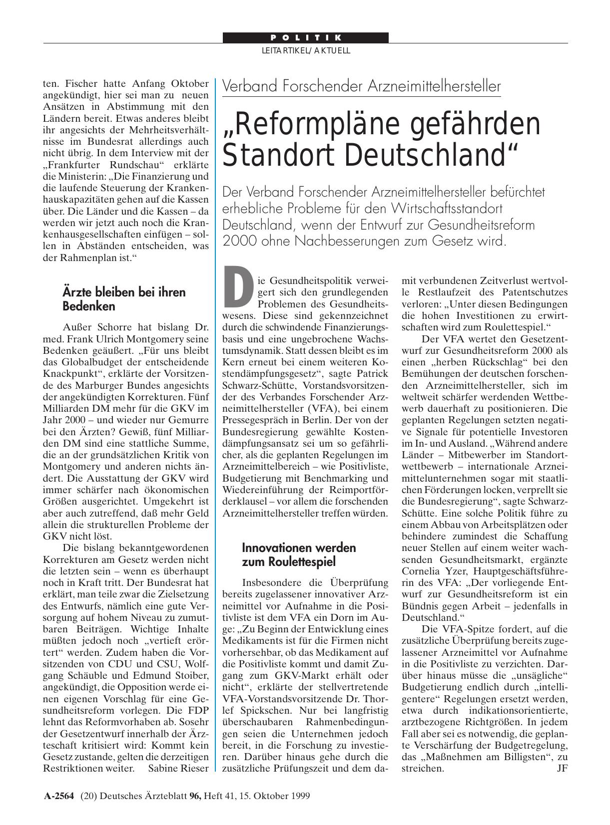 Vorschauseite 1: Verband Forschender Arzneimittelhersteller: „Reformpläne gefährden Standort Deutschland“
