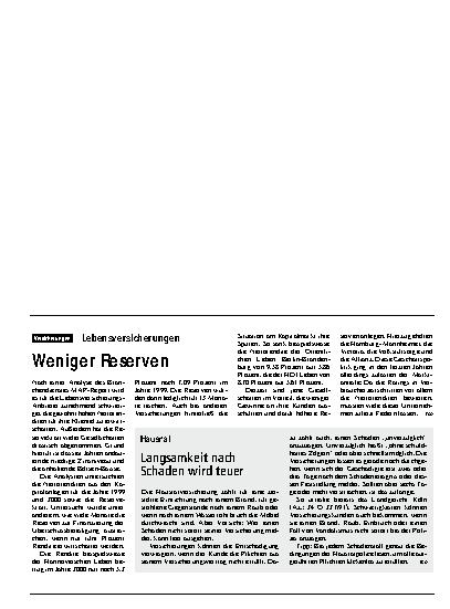 Vorschauseite 1: Lebensversicherungen: Weniger Reserven