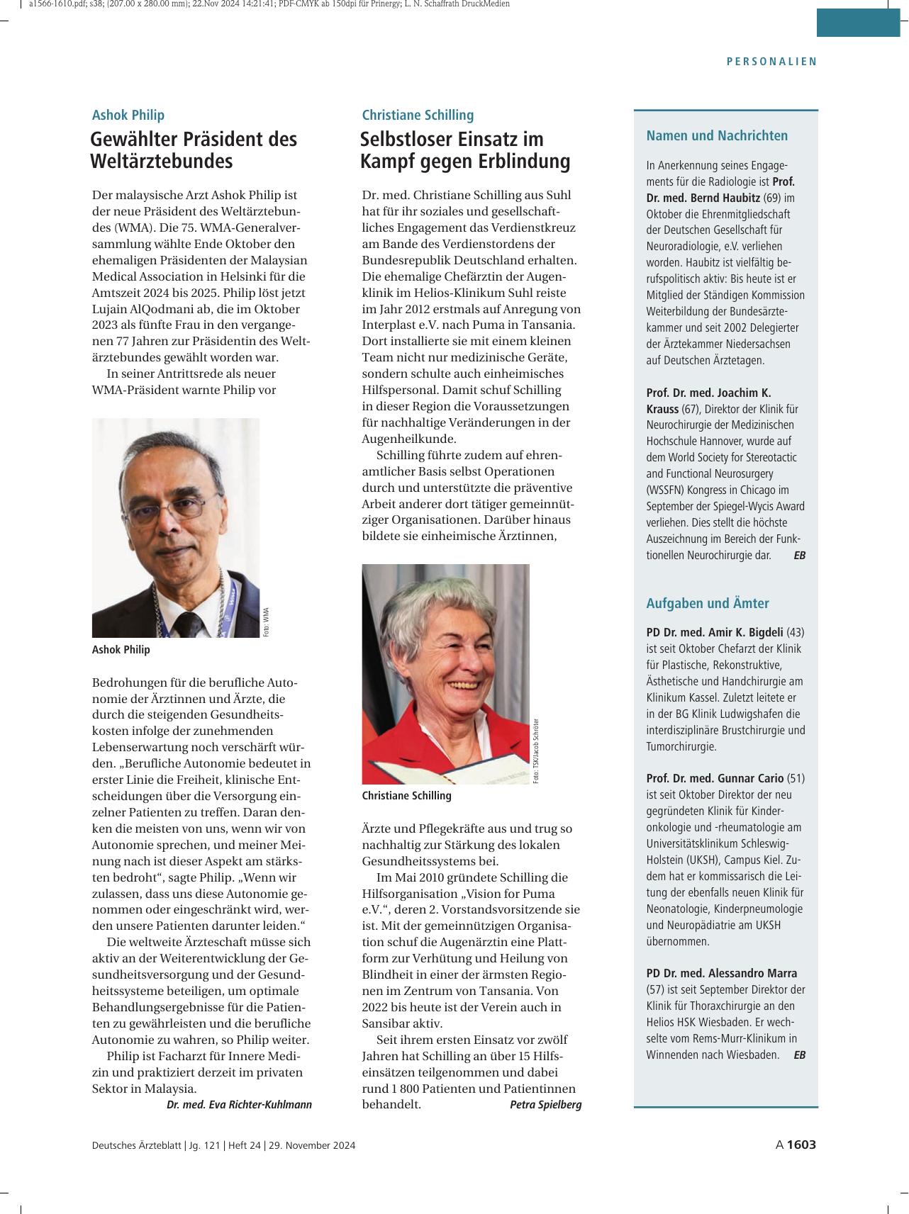 Vorschauseite 1: Ashok Philip: Gewählter Präsident des Weltärztebundes