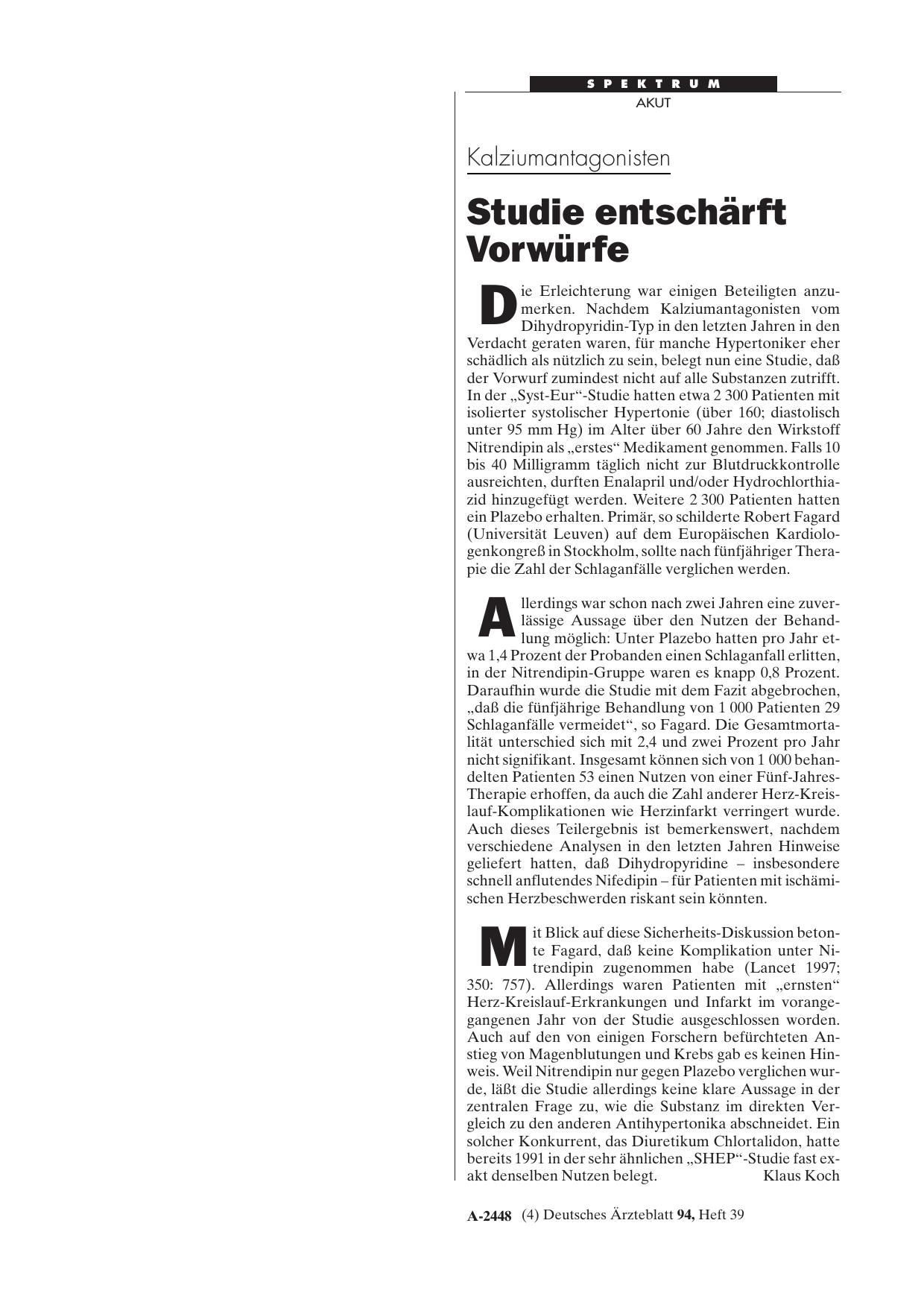 Vorschauseite 1: Kalziumantagonisten: Studie entschärft Vorwürfe