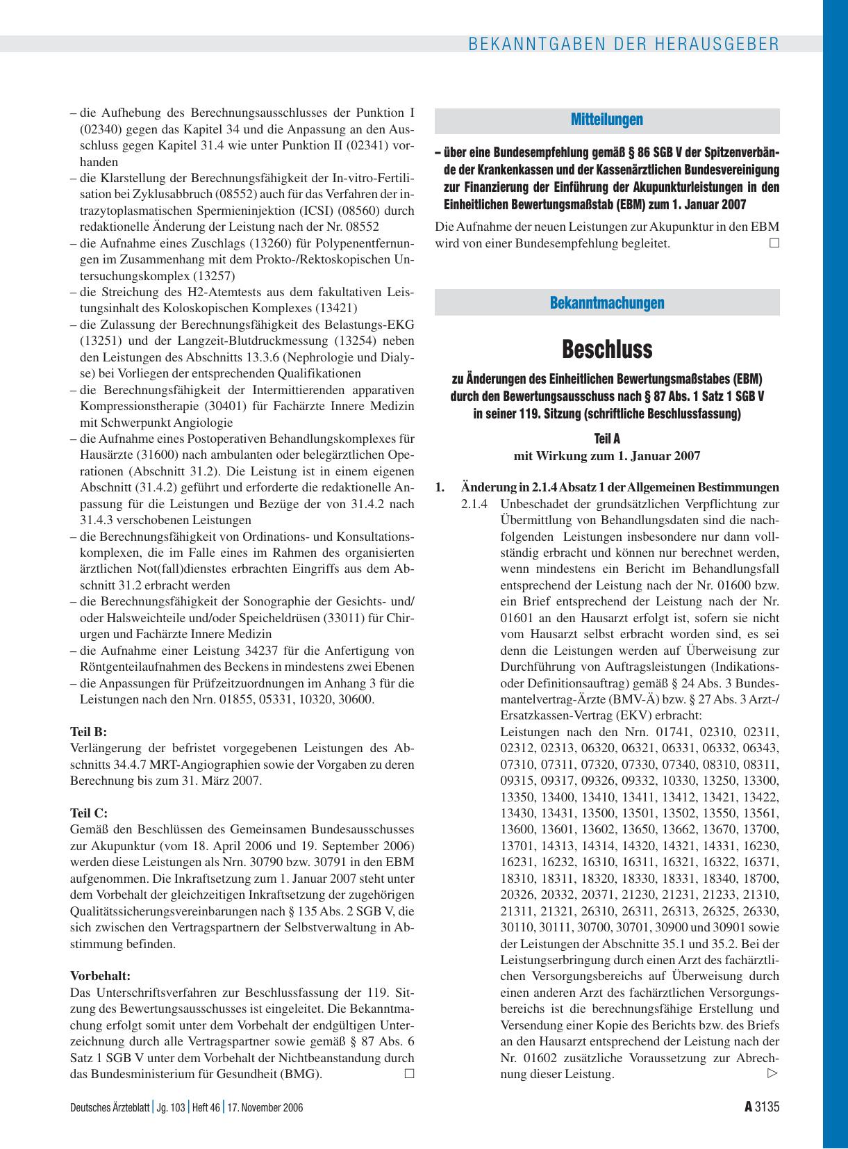 Vorschauseite 1: Mitteilungen – über eine Bundesempfehlung gemäß § 86 SGB V der Spitzenverbände der Krankenkassen und der Kassenärztlichen Bundesvereinigung zur Finanzierung der Einführung der Aku…