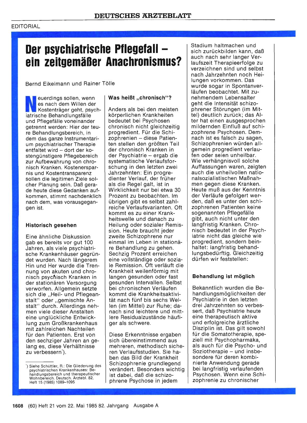 Vorschauseite 1: Der psychiatrische Pflegefall — ein zeitgemäßer Anachronismus?