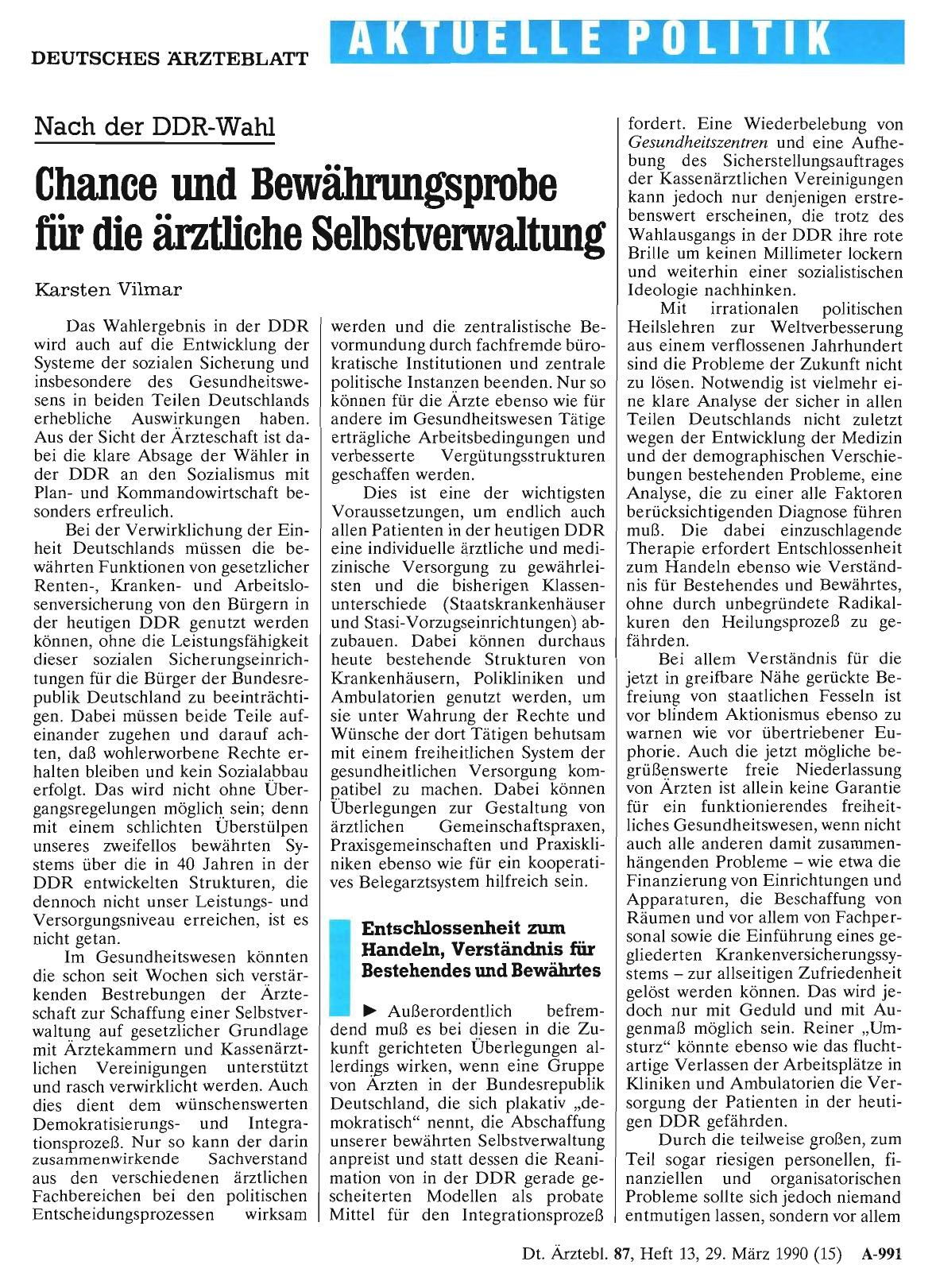 Vorschauseite 1: Nach der DDR-Wahl: Chance und Bewährungsprobe für die ärztliche Selbstverwaltung