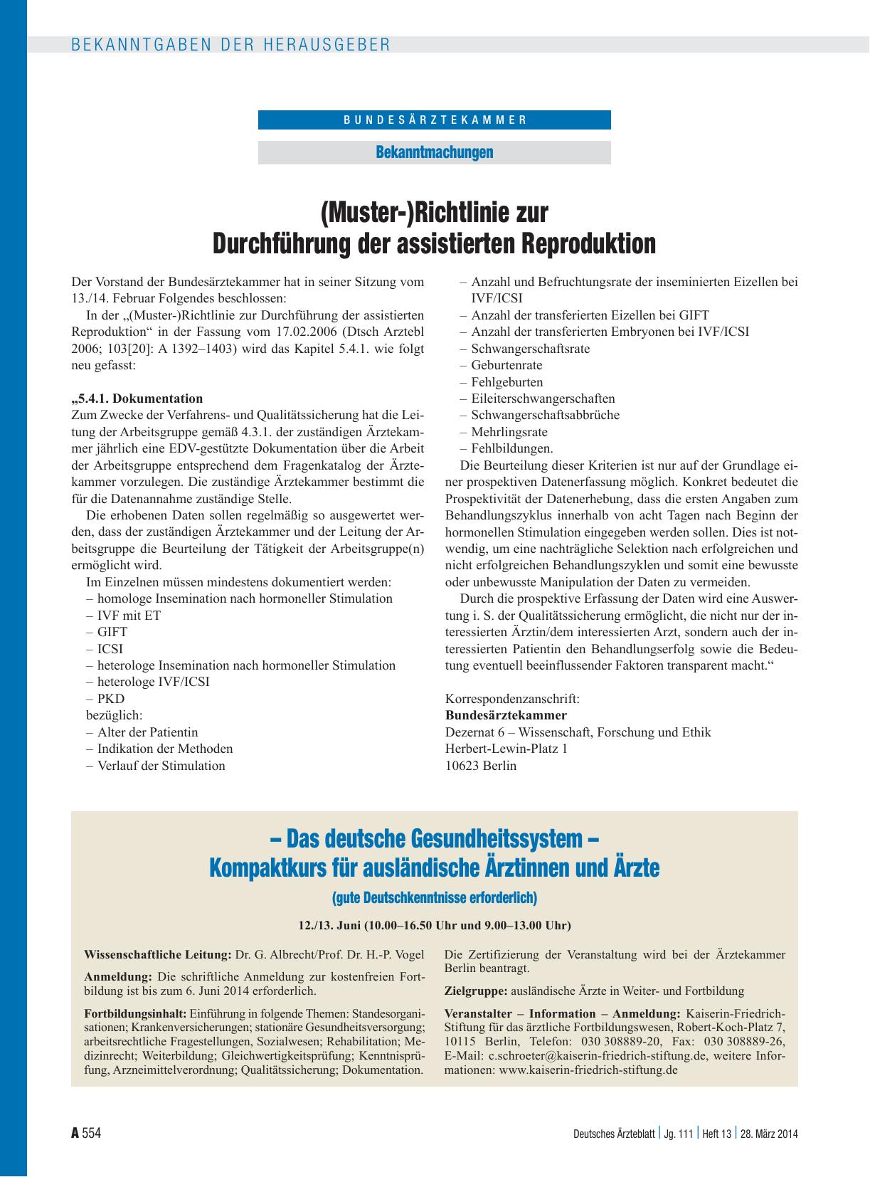 Vorschauseite 1: (Muster-)Richtlinie zur Durchführung der assistierten Reproduktion