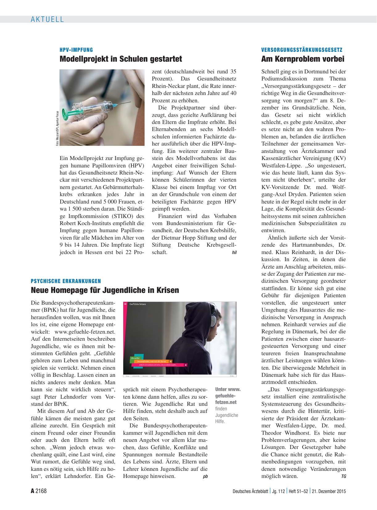 Vorschauseite 1: HPV-Impfung: Modellprojekt in Schulen gestartet