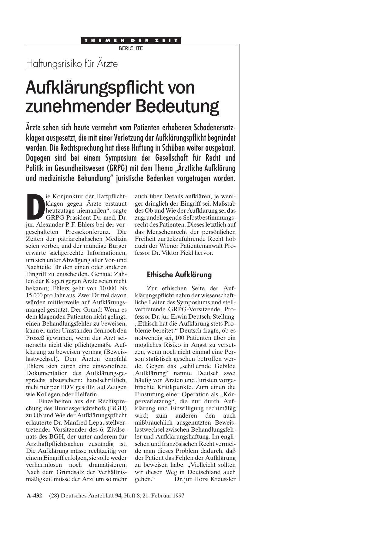 Vorschauseite 1: Haftungsrisiko für Ärzte: Aufklärungspflicht von zunehmender Bedeutung
