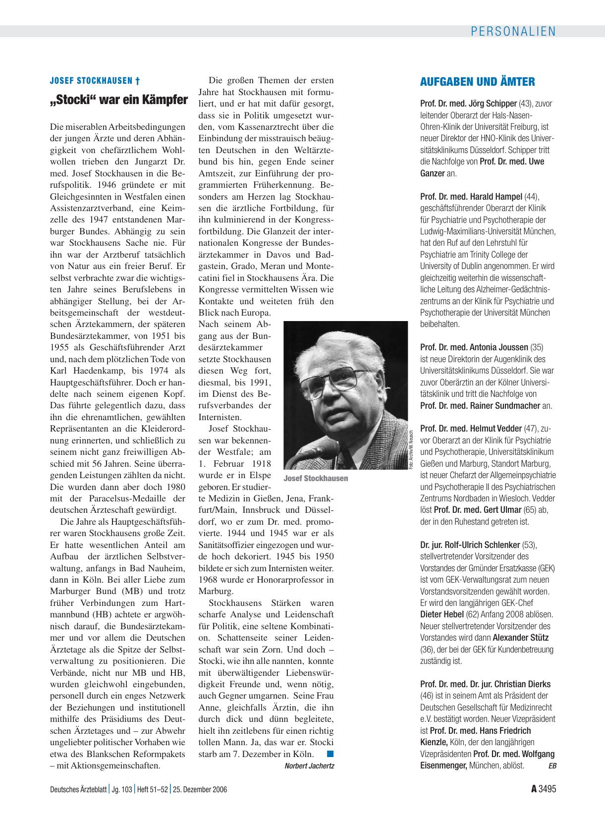 Vorschauseite 1: Josef Stockhausen †: „Stocki“ war ein Kämpfer