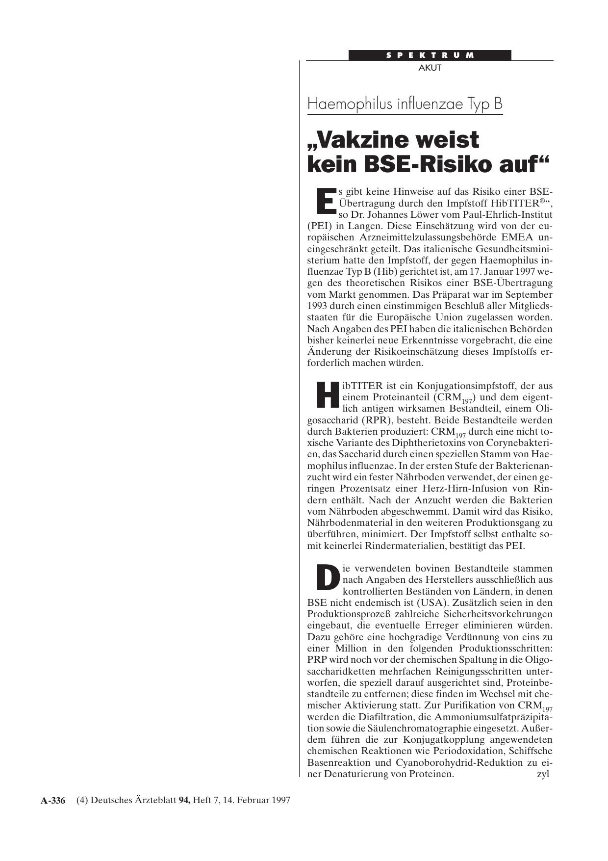 Vorschauseite 1: Haemophilus influenzae Typ B: „Vakzine weist kein BSE-Risiko auf“
