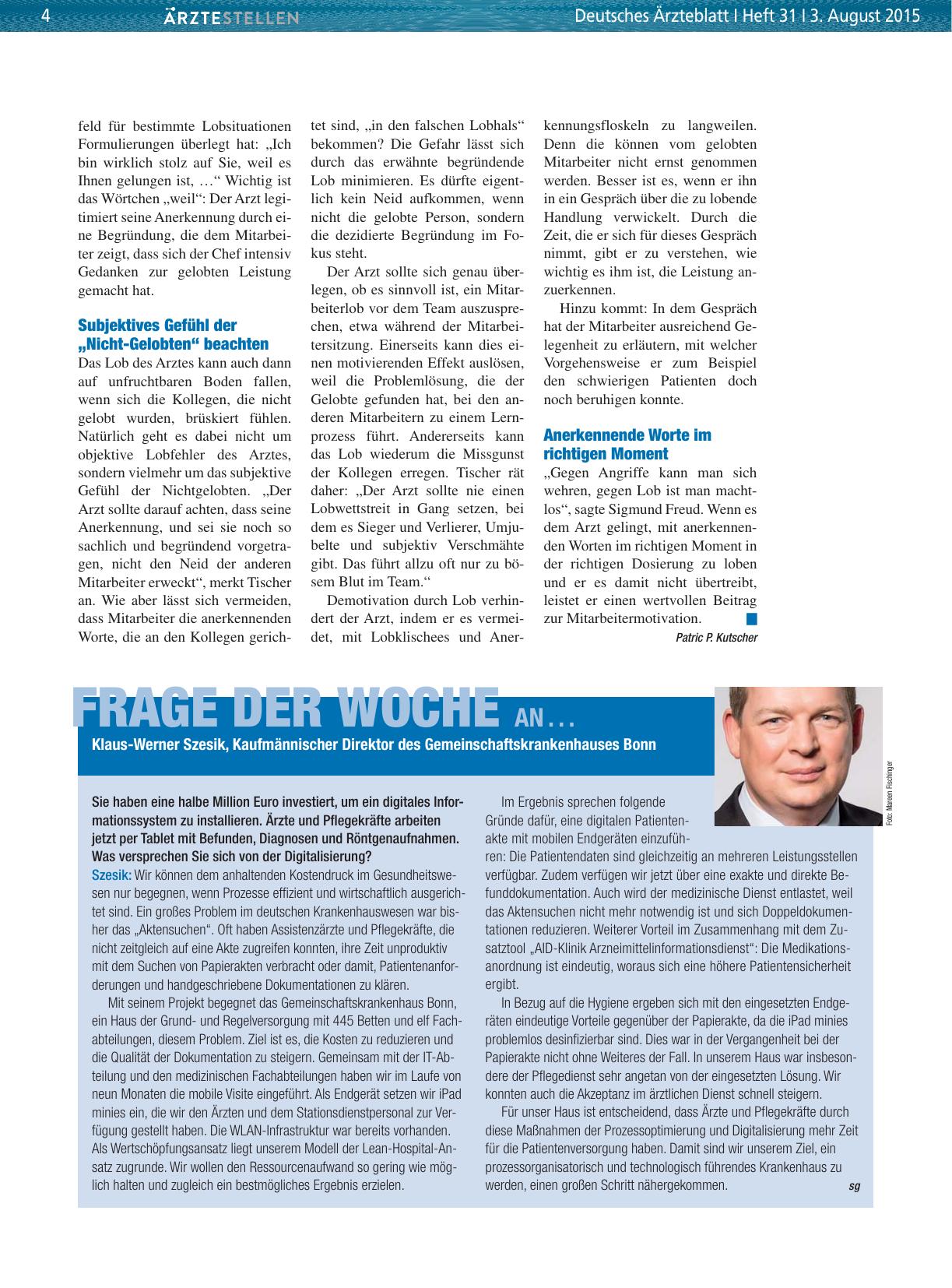 Vorschauseite 1: Frage der Woche an. .. Klaus-Werner Szesik, Kaufmännischer Direktor des Gemeinschaftskrankenhauses Bonn