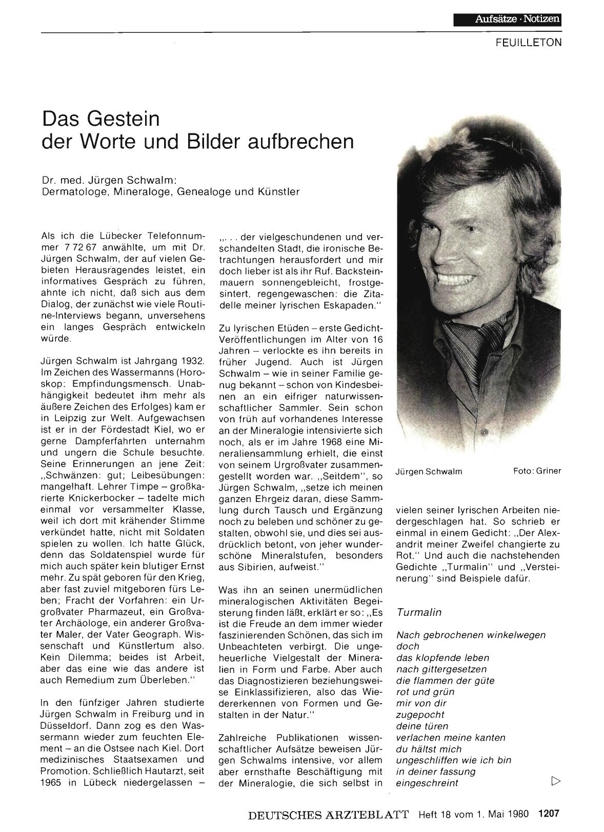 Vorschauseite 1: Das Gestein der Worte und Bilder aufbrechen: Dr. med. Jürgen Schwalm — Dermatologe, Mineraloge, Genealoge und Künstler