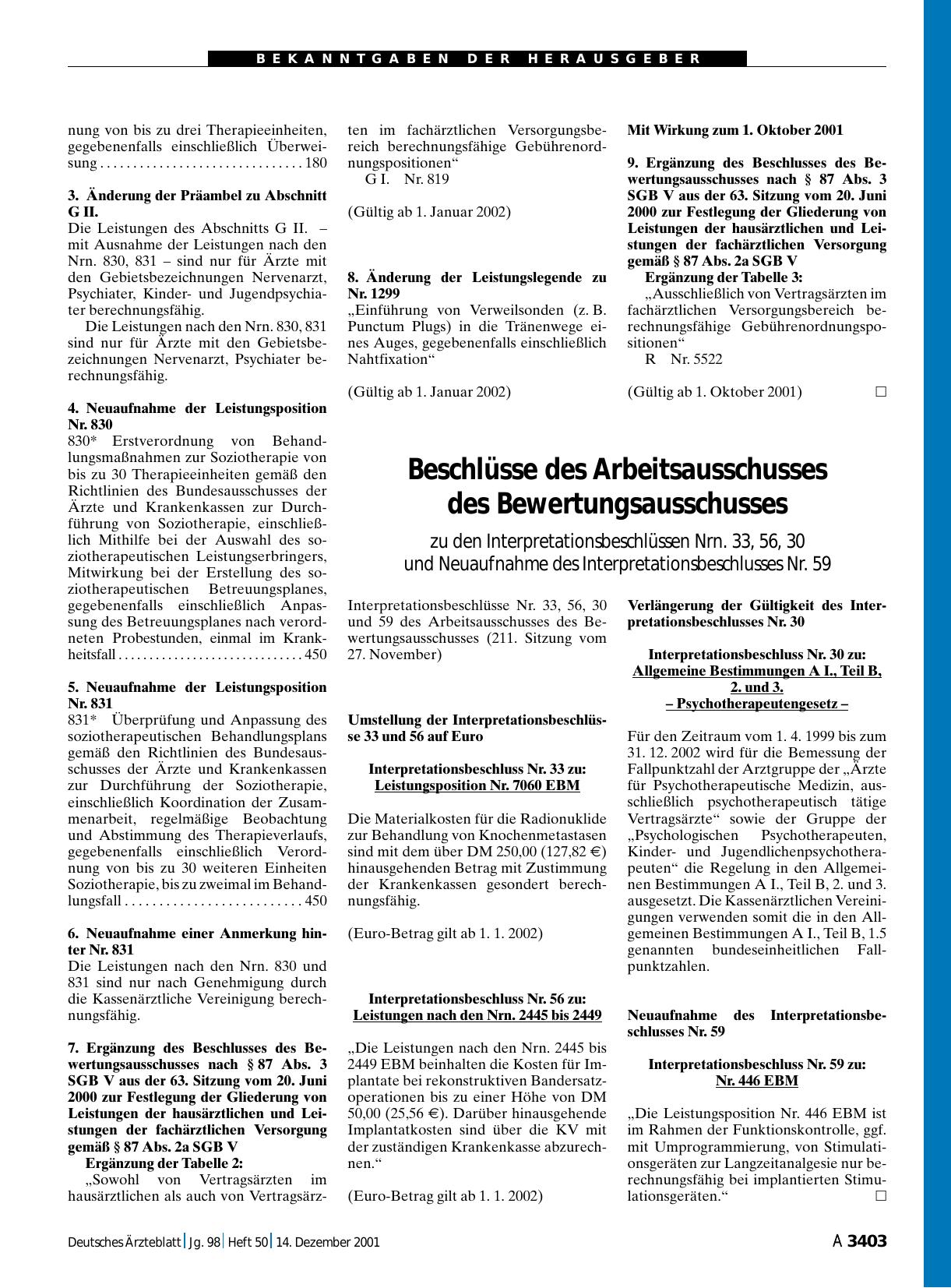 Vorschauseite 1: Beschlüsse des Arbeitsausschusses des Bewertungsausschusses