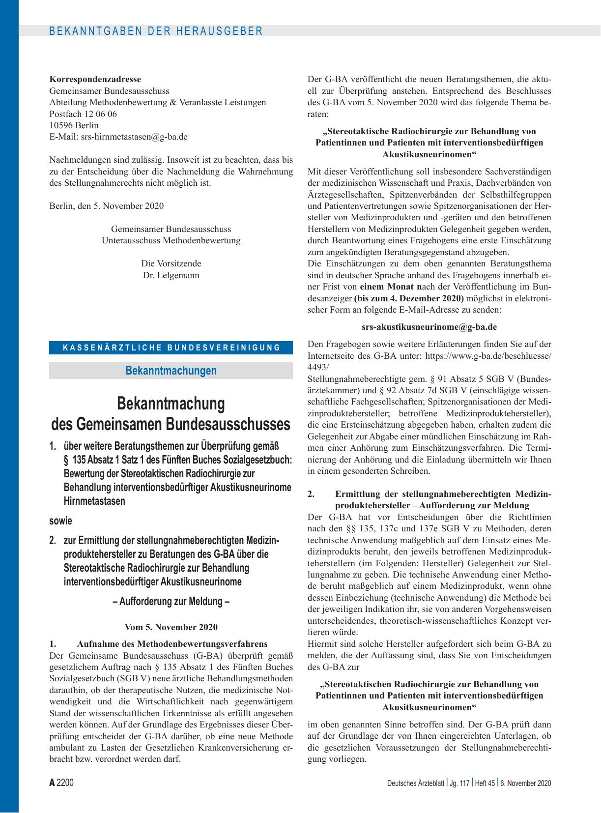 Vorschauseite 1: Bekanntmachung des Gemeinsamen Bundesausschusses über weitere Beratungsthemen zur Überprüfung gemäß § 135 Absatz 1 Satz 1 des Fünften Buches Sozialgesetzbuch: Bewertung der Stereo…