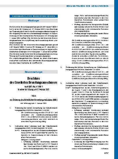 Vorschauseite 1: Beschluss des Erweiterten Bewertungsausschusses nach § 87 Abs. 4 SGB V in seiner 69. Sitzung am 17. Februar 2021