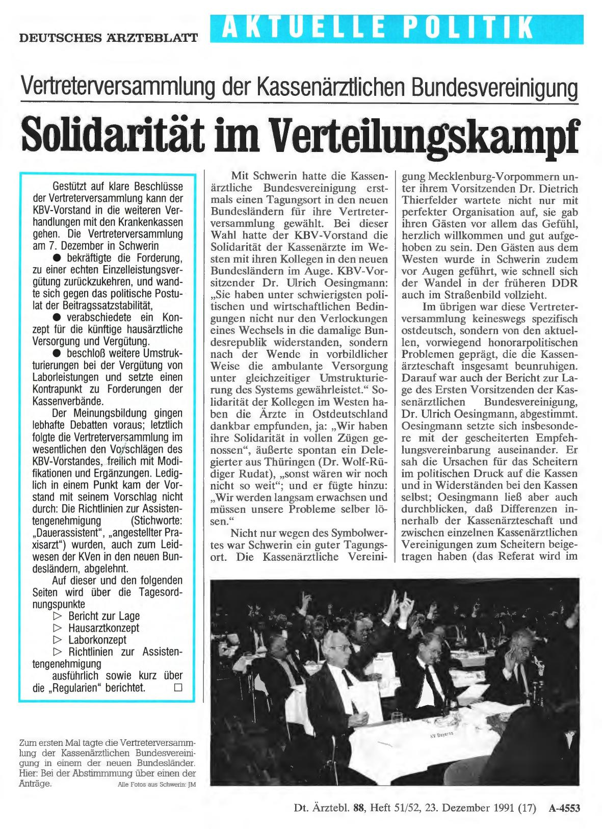 Vorschauseite 1: Vertreterversammlung der Kassenärztlichen Bundesvereinigung: Solidarität im Verteilungskampf