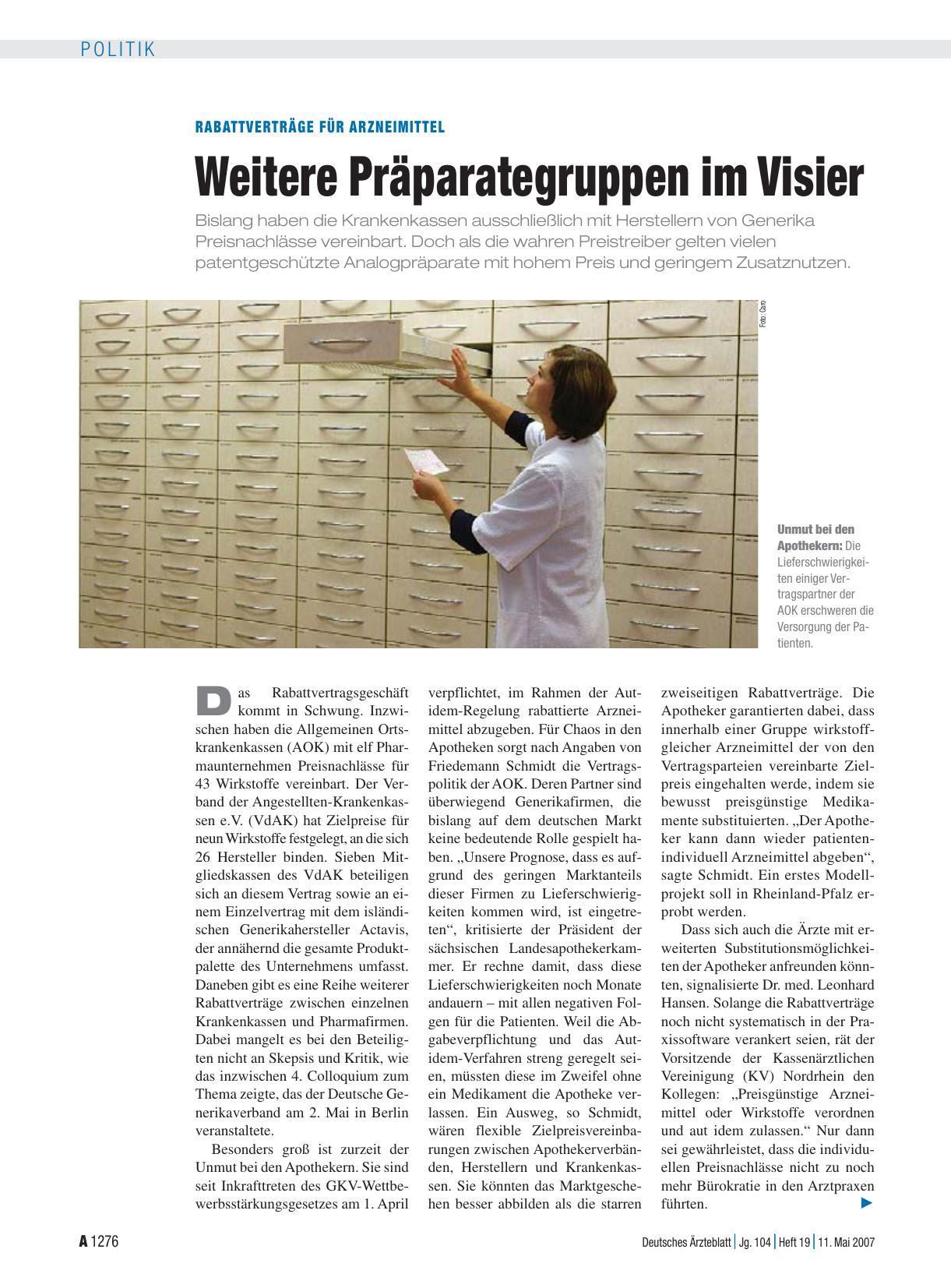 Vorschauseite 1: Rabattverträge für Arzneimittel: Weitere Präparategruppen im Visier