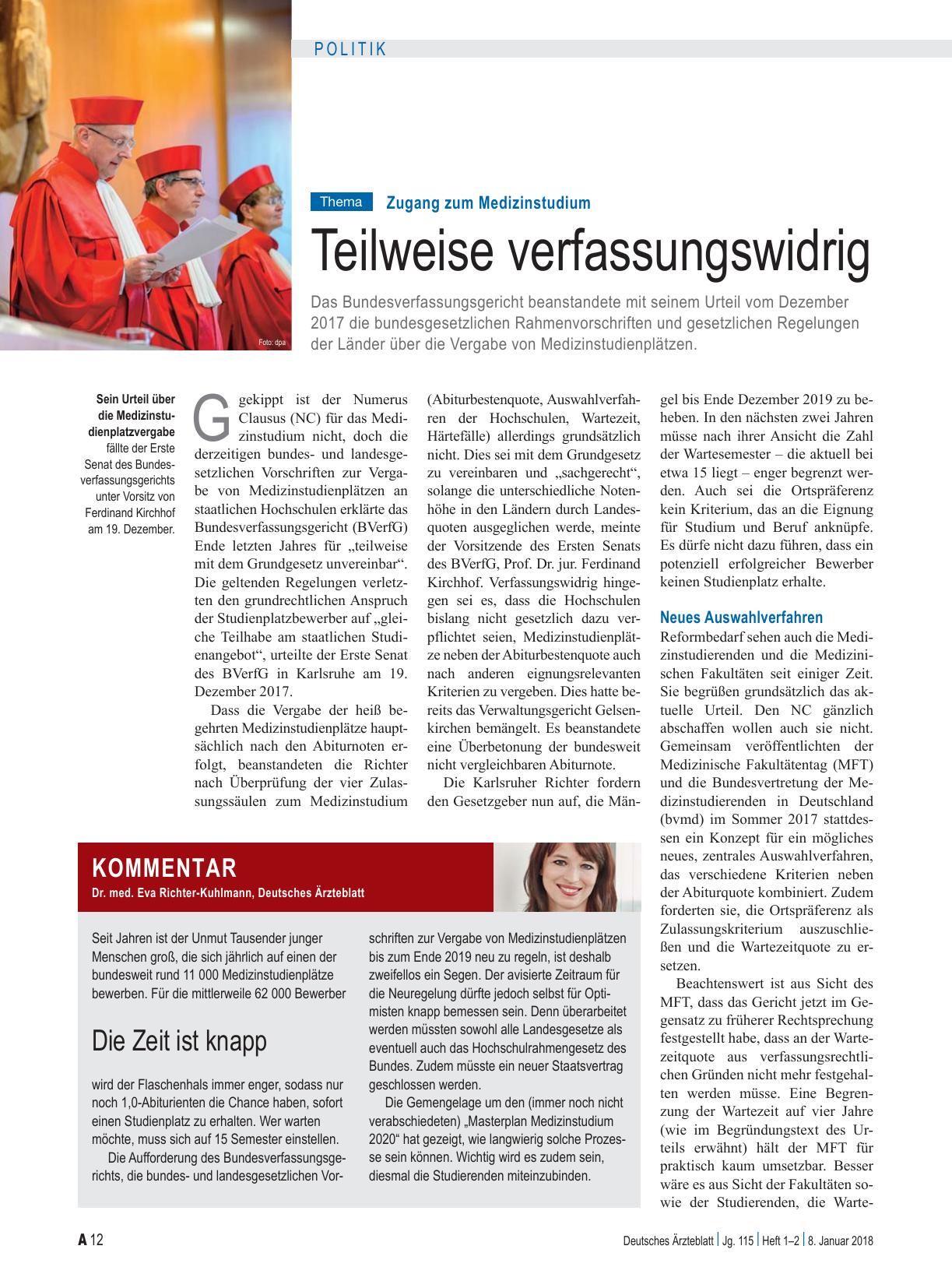 Vorschauseite 1: Zugang zum Medizinstudium: Teilweise verfassungswidrig