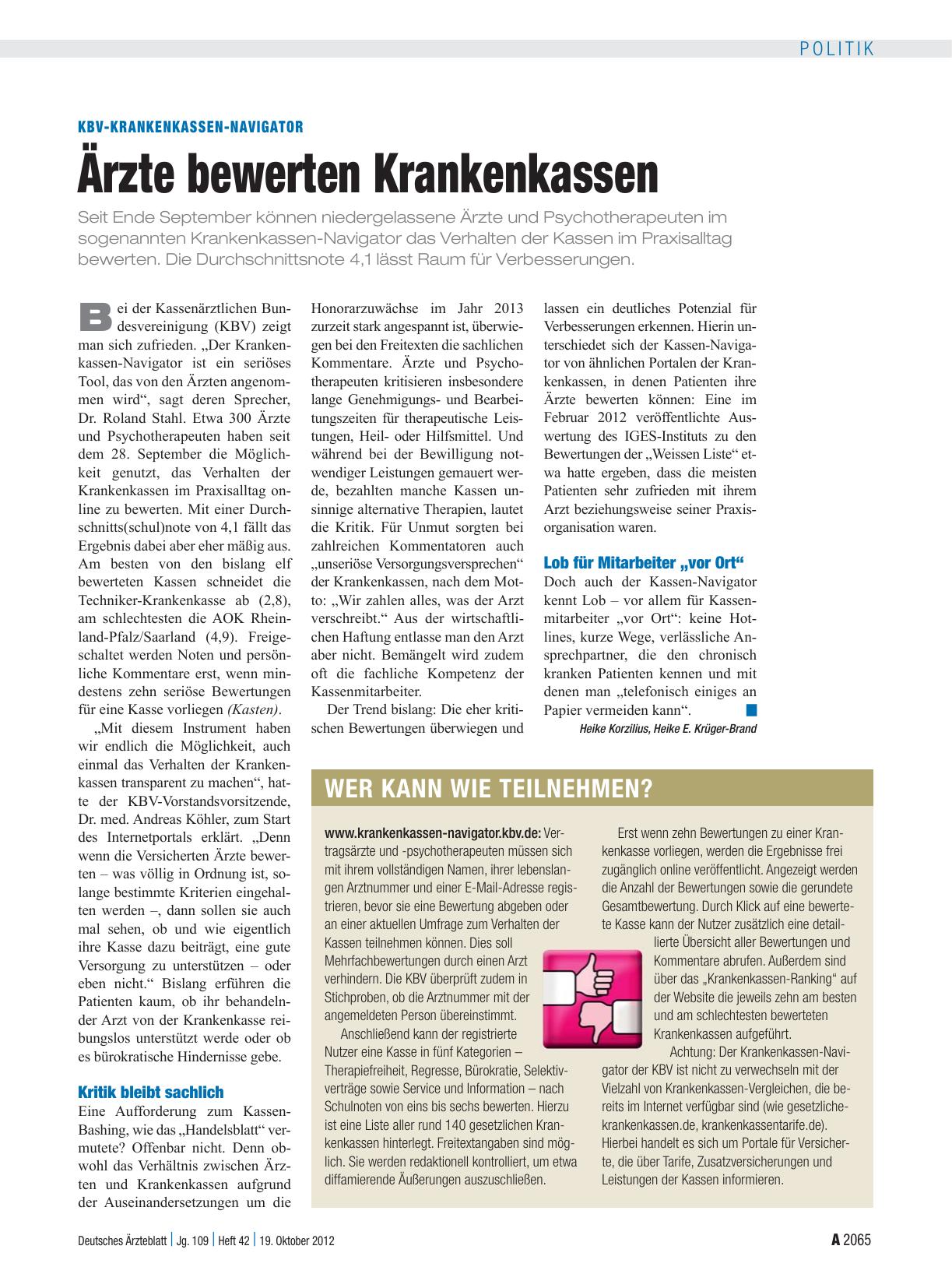 Vorschauseite 1: KBV-Krankenkassen-Navigator: Ärzte bewerten Krankenkassen