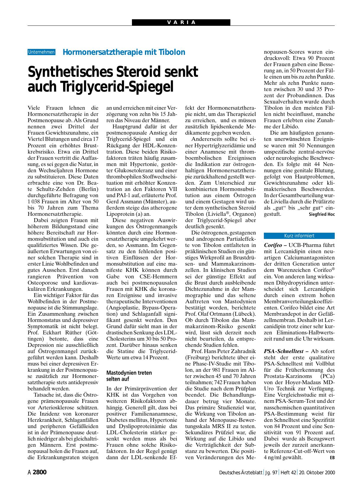 Vorschauseite 1: Hormonersatztherapie mit Tibolon: Synthetisches Steroid senkt auch Triglycerid-Spiegel