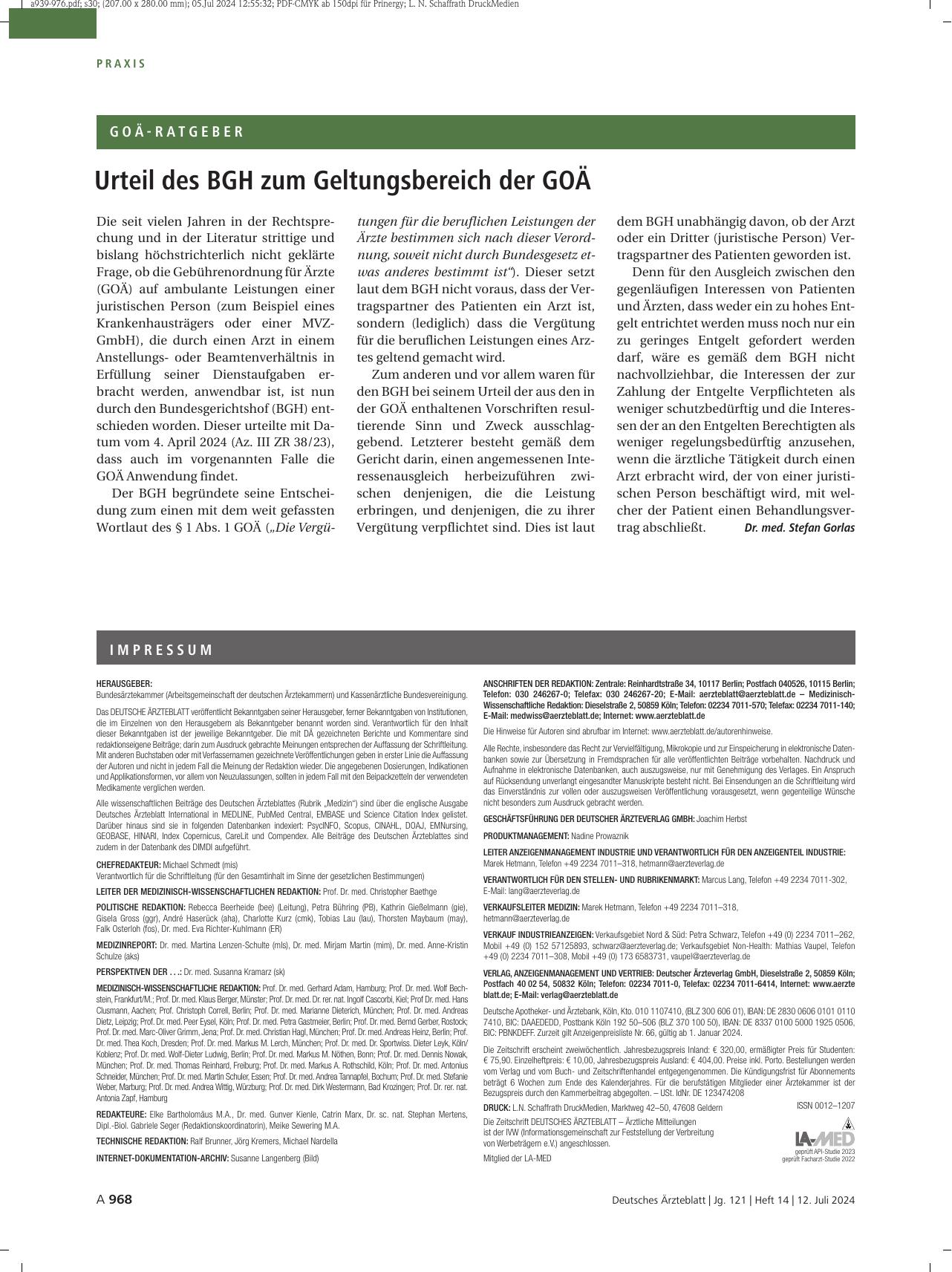 Vorschauseite 1: Urteil des BGH zum Geltungsbereich der GOÄ