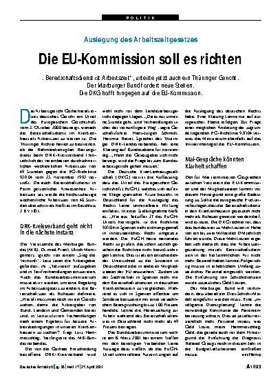 Vorschauseite 1: Auslegung des Arbeitszeitgesetzes: Die EU-Kommission soll es richten