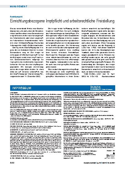Vorschauseite 1: Rechtsreport: Einrichtungsbezogene Impfpflicht und arbeitsrechtliche Freistellung
