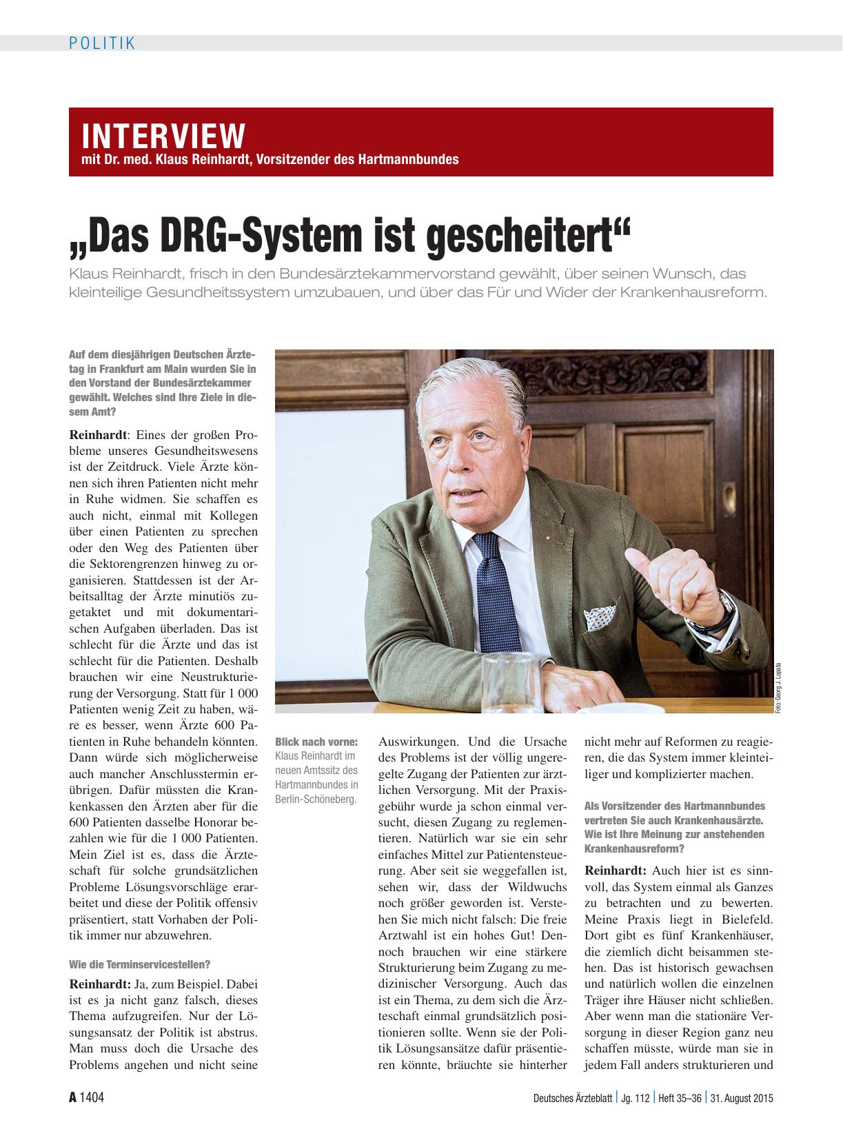 Vorschauseite 1: Interview mit Dr. med. Klaus Reinhardt, Vorsitzender des Hartmannbundes: „Das DRG-System ist gescheitert“